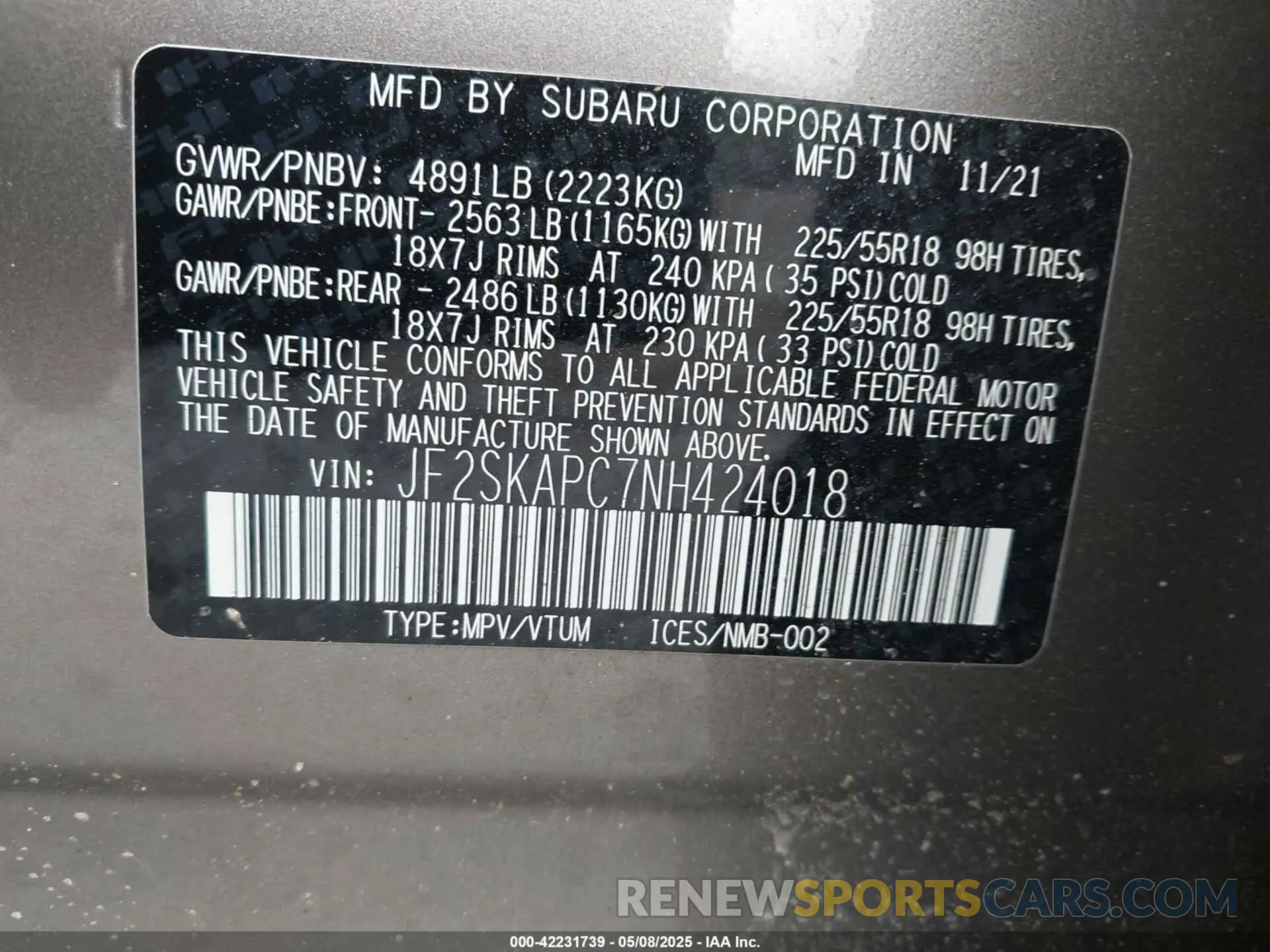 9 Photograph of a damaged car JF2SKAPC7NH424018 SUBARU FORESTER 2022