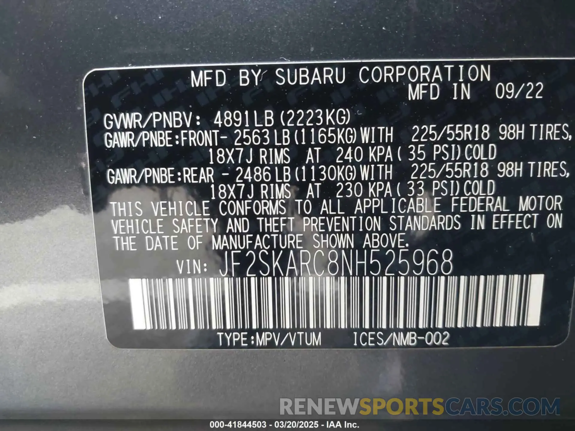 9 Photograph of a damaged car JF2SKARC8NH525968 SUBARU FORESTER 2022