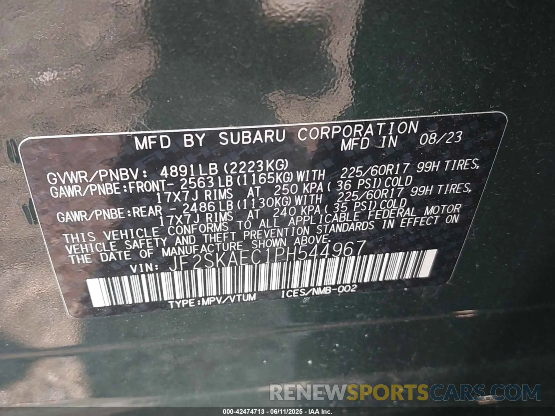 9 Photograph of a damaged car JF2SKAEC1PH544967 SUBARU FORESTER 2023