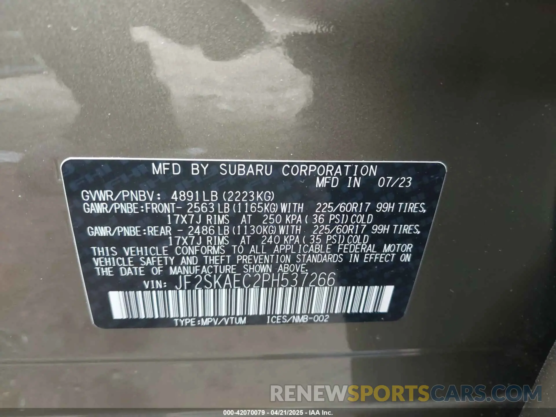 9 Photograph of a damaged car JF2SKAEC2PH537266 SUBARU FORESTER 2023