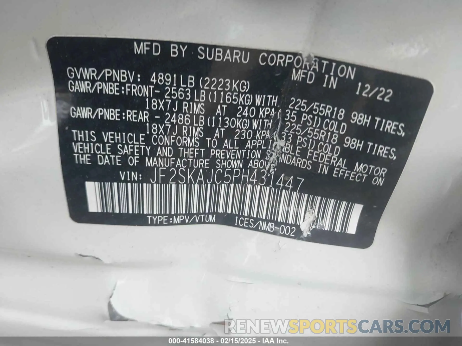 9 Photograph of a damaged car JF2SKAJC5PH431447 SUBARU FORESTER 2023
