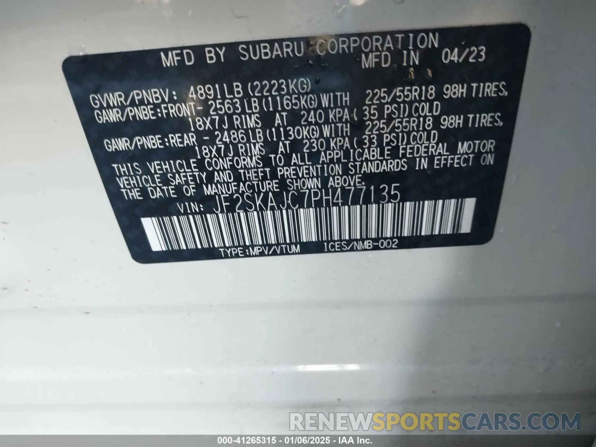 9 Photograph of a damaged car JF2SKAJC7PH477135 SUBARU FORESTER 2023