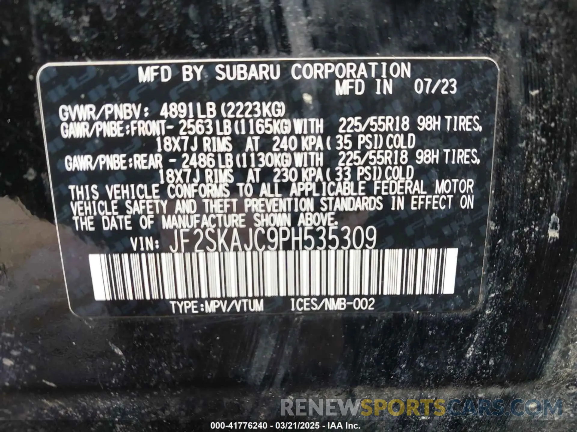 9 Photograph of a damaged car JF2SKAJC9PH535309 SUBARU FORESTER 2023