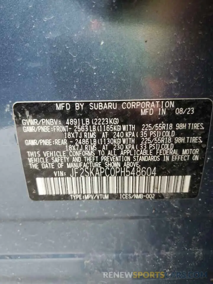 13 Photograph of a damaged car JF2SKAPC0PH548604 SUBARU FORESTER 2023