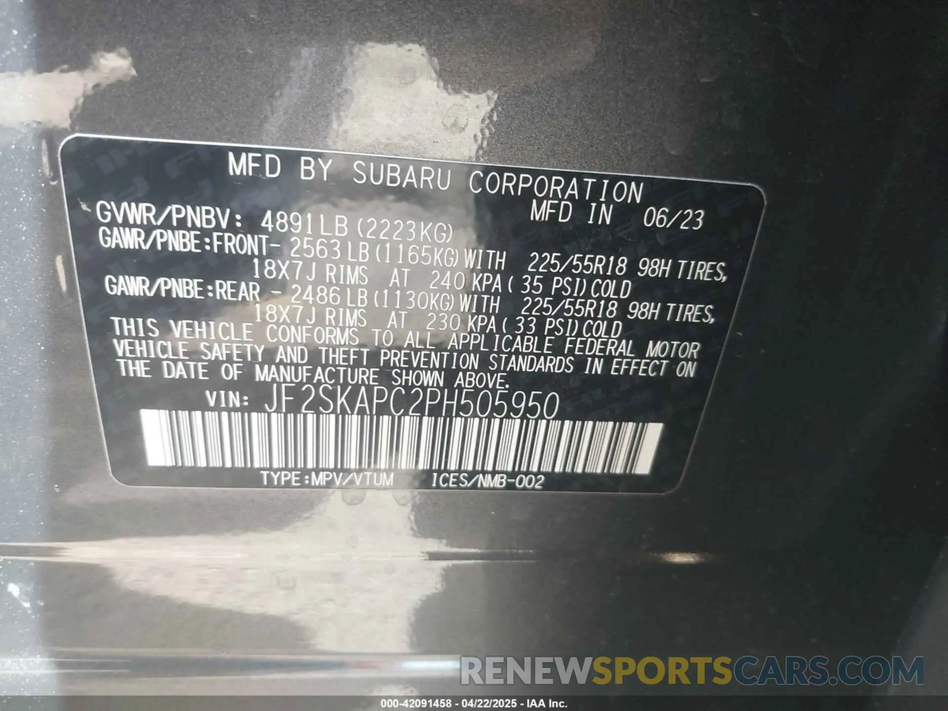 9 Photograph of a damaged car JF2SKAPC2PH505950 SUBARU FORESTER 2023