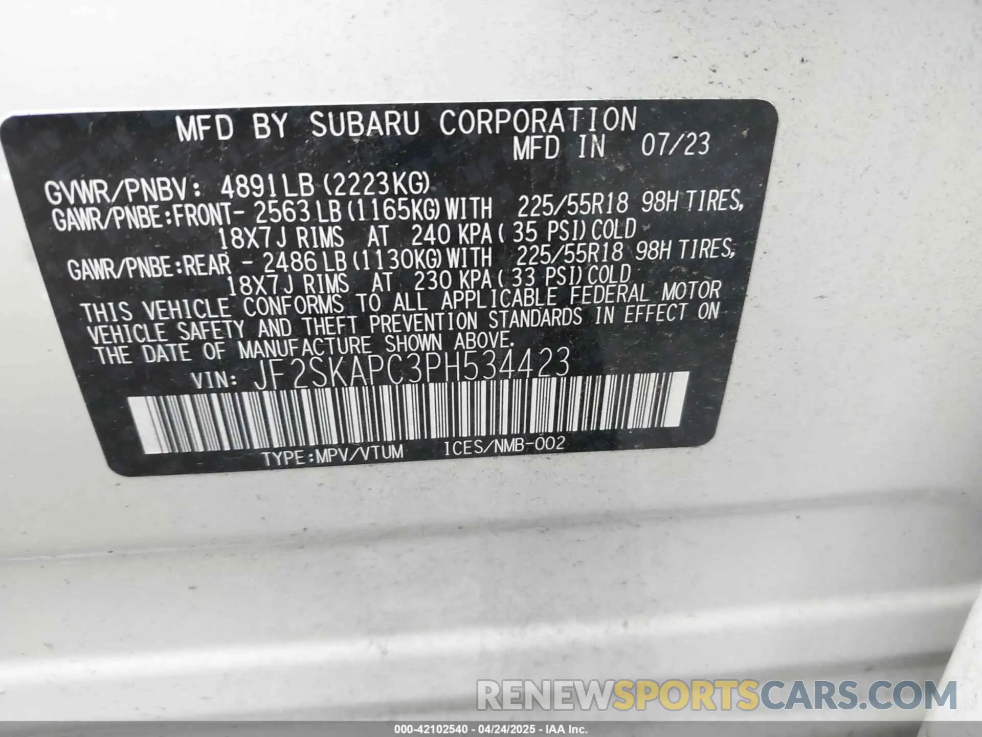 9 Photograph of a damaged car JF2SKAPC3PH534423 SUBARU FORESTER 2023