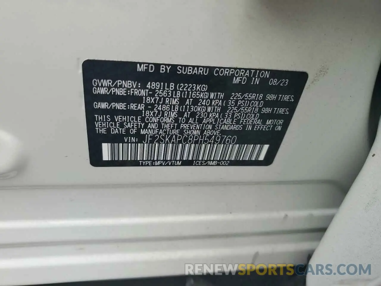 13 Photograph of a damaged car JF2SKAPC8PH549760 SUBARU FORESTER 2023