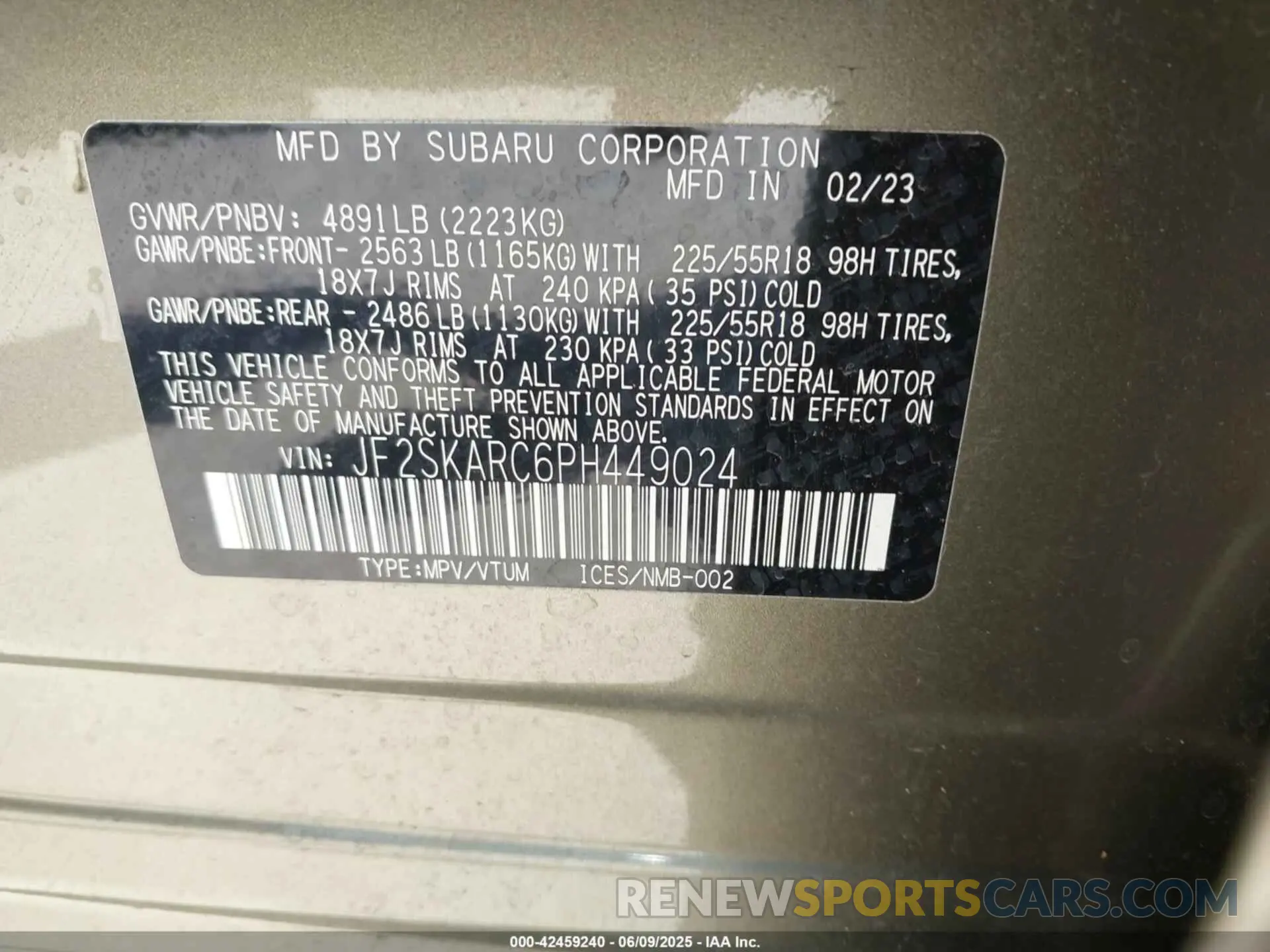 9 Photograph of a damaged car JF2SKARC6PH449024 SUBARU FORESTER 2023