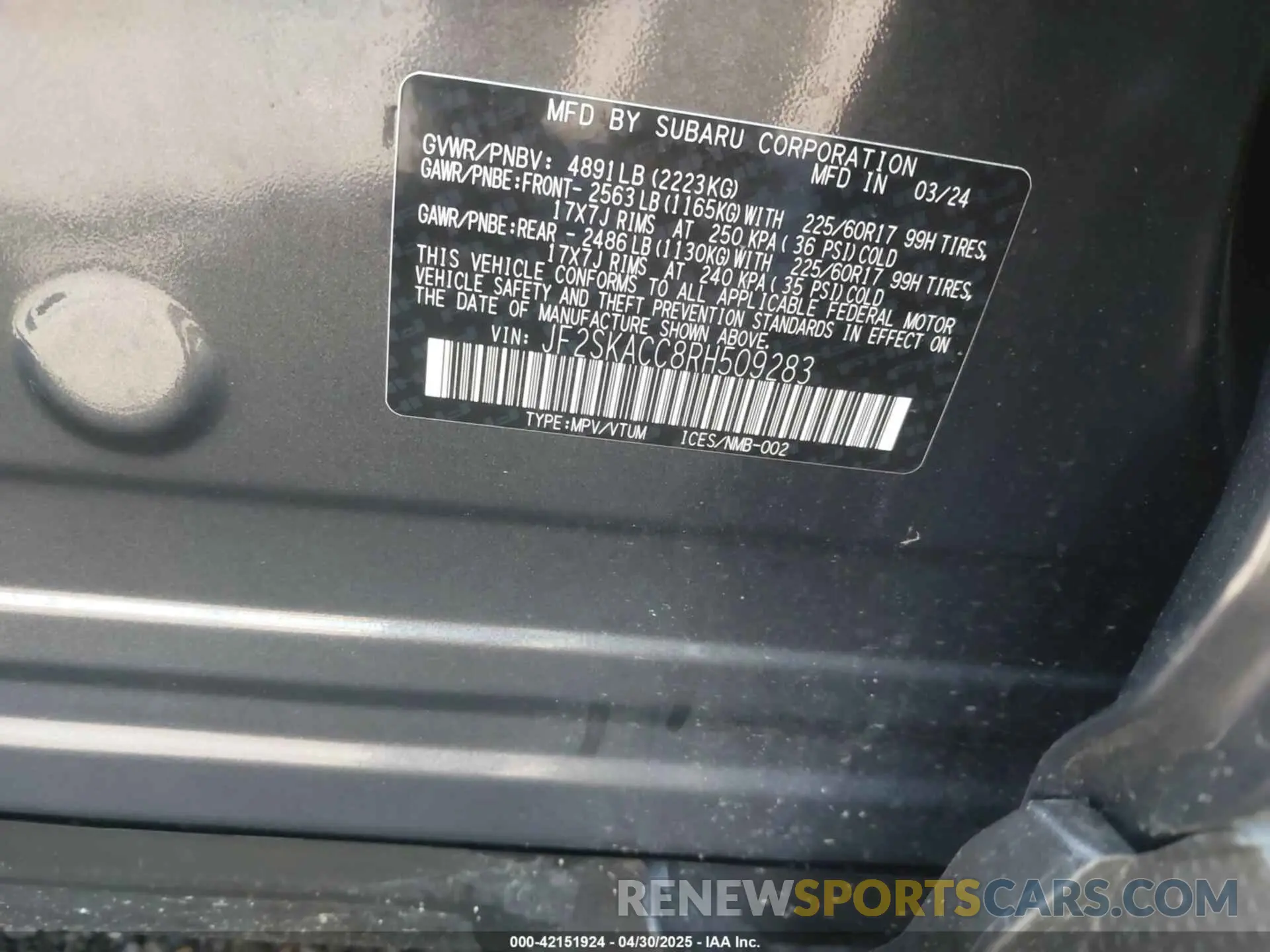 9 Photograph of a damaged car JF2SKACC8RH509283 SUBARU FORESTER 2024