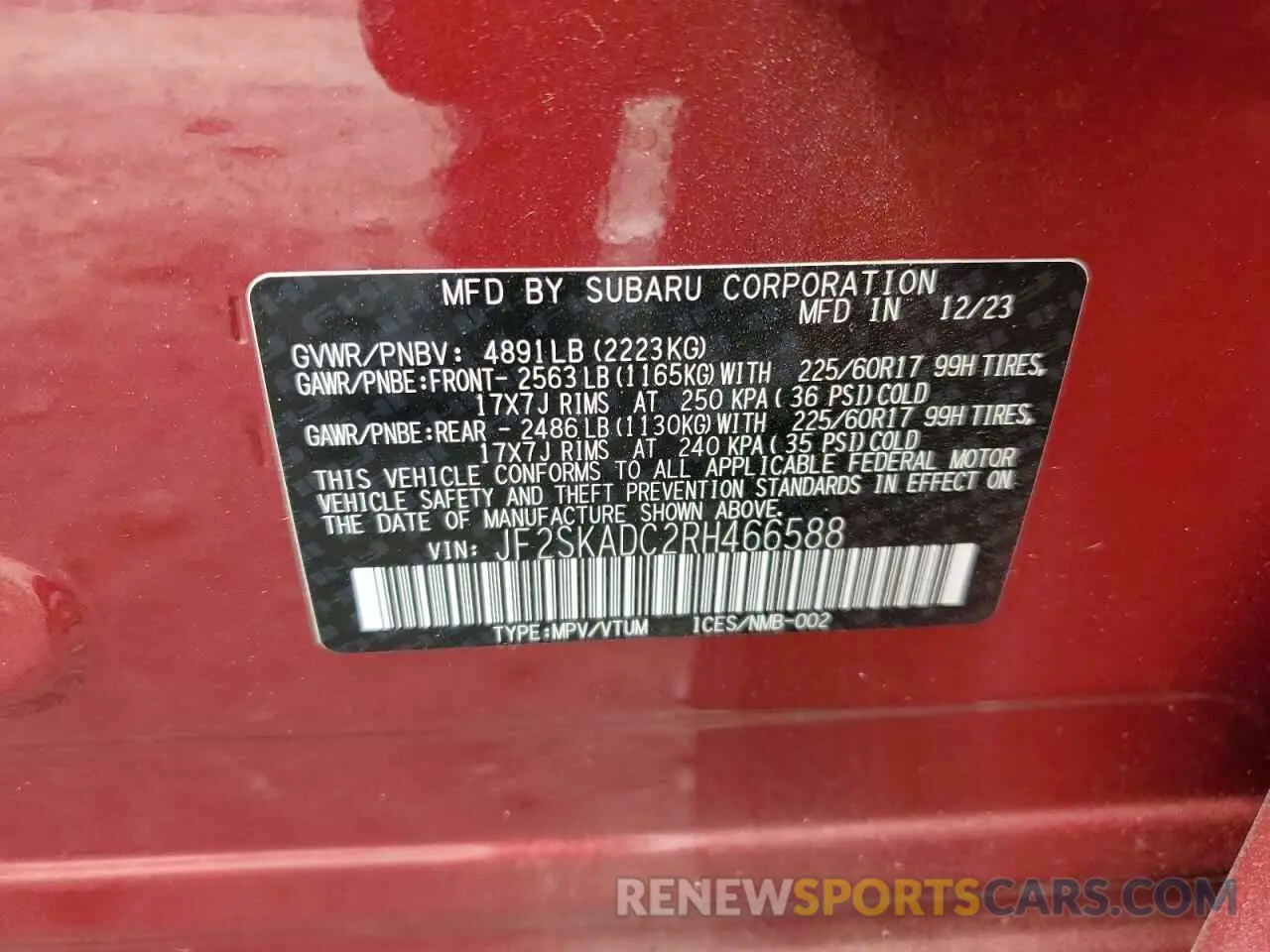 12 Photograph of a damaged car JF2SKADC2RH466588 SUBARU FORESTER 2024