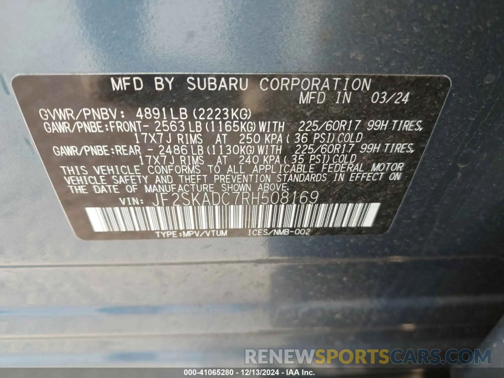 9 Photograph of a damaged car JF2SKADC7RH508169 SUBARU FORESTER 2024