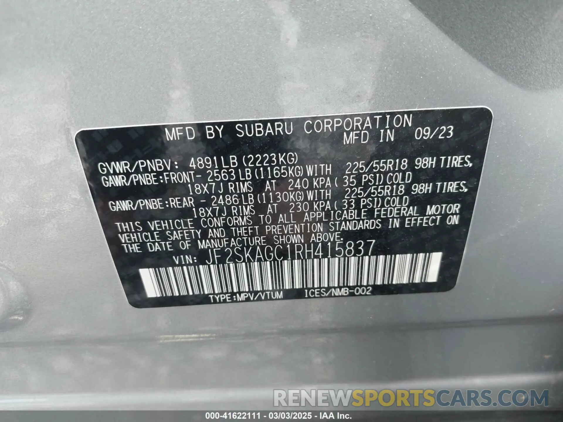 9 Photograph of a damaged car JF2SKAGC1RH415837 SUBARU FORESTER 2024