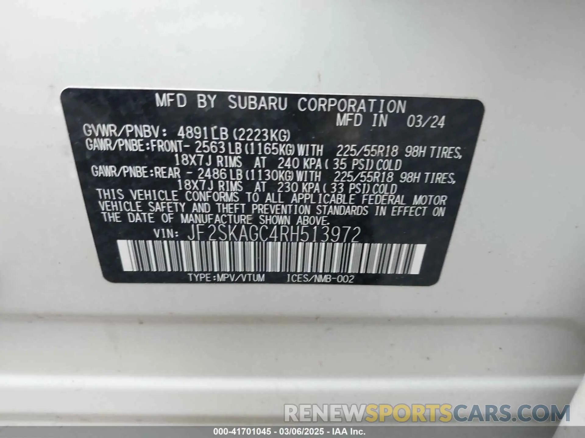 9 Photograph of a damaged car JF2SKAGC4RH513972 SUBARU FORESTER 2024