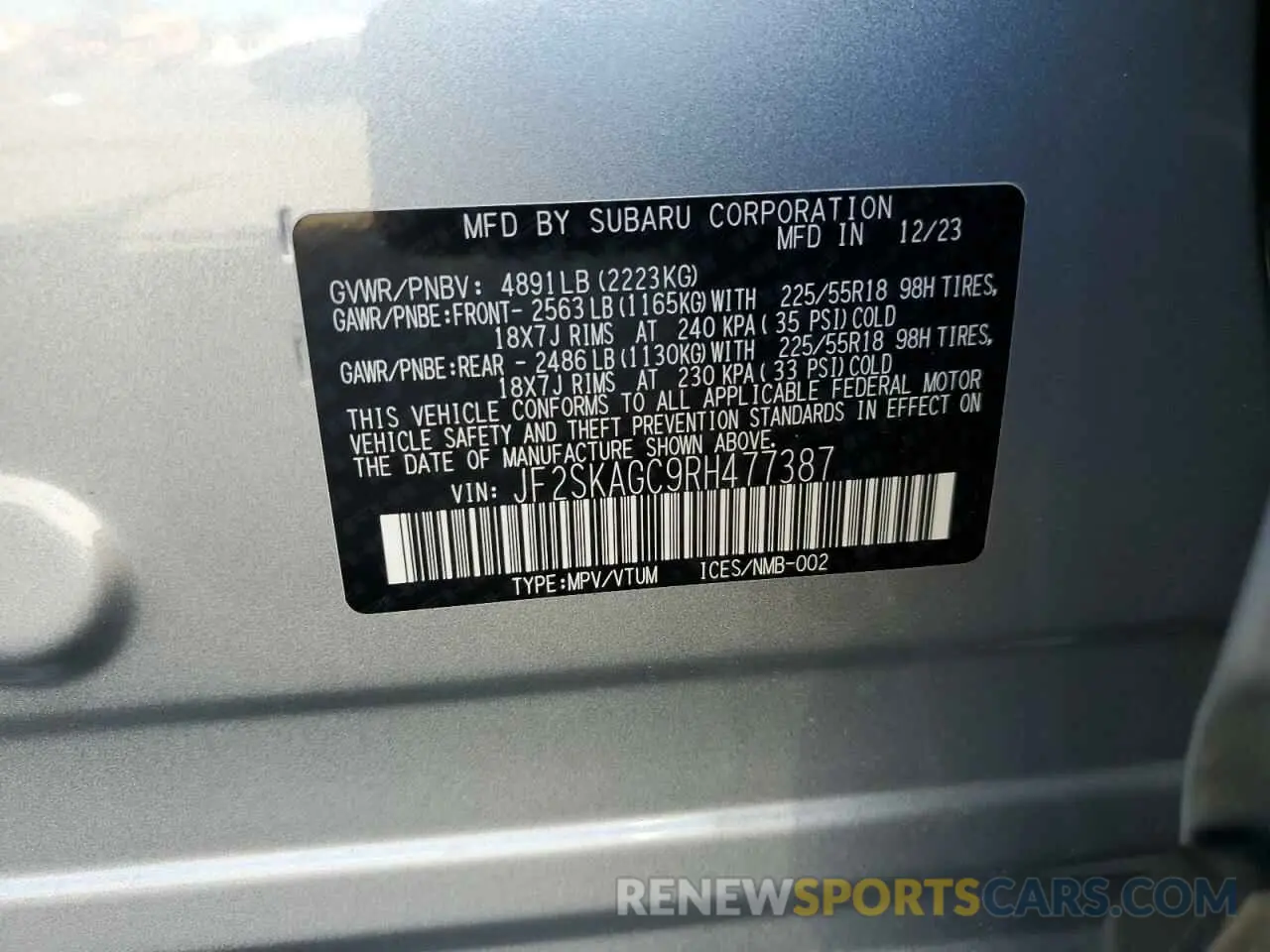 13 Photograph of a damaged car JF2SKAGC9RH477387 SUBARU FORESTER 2024