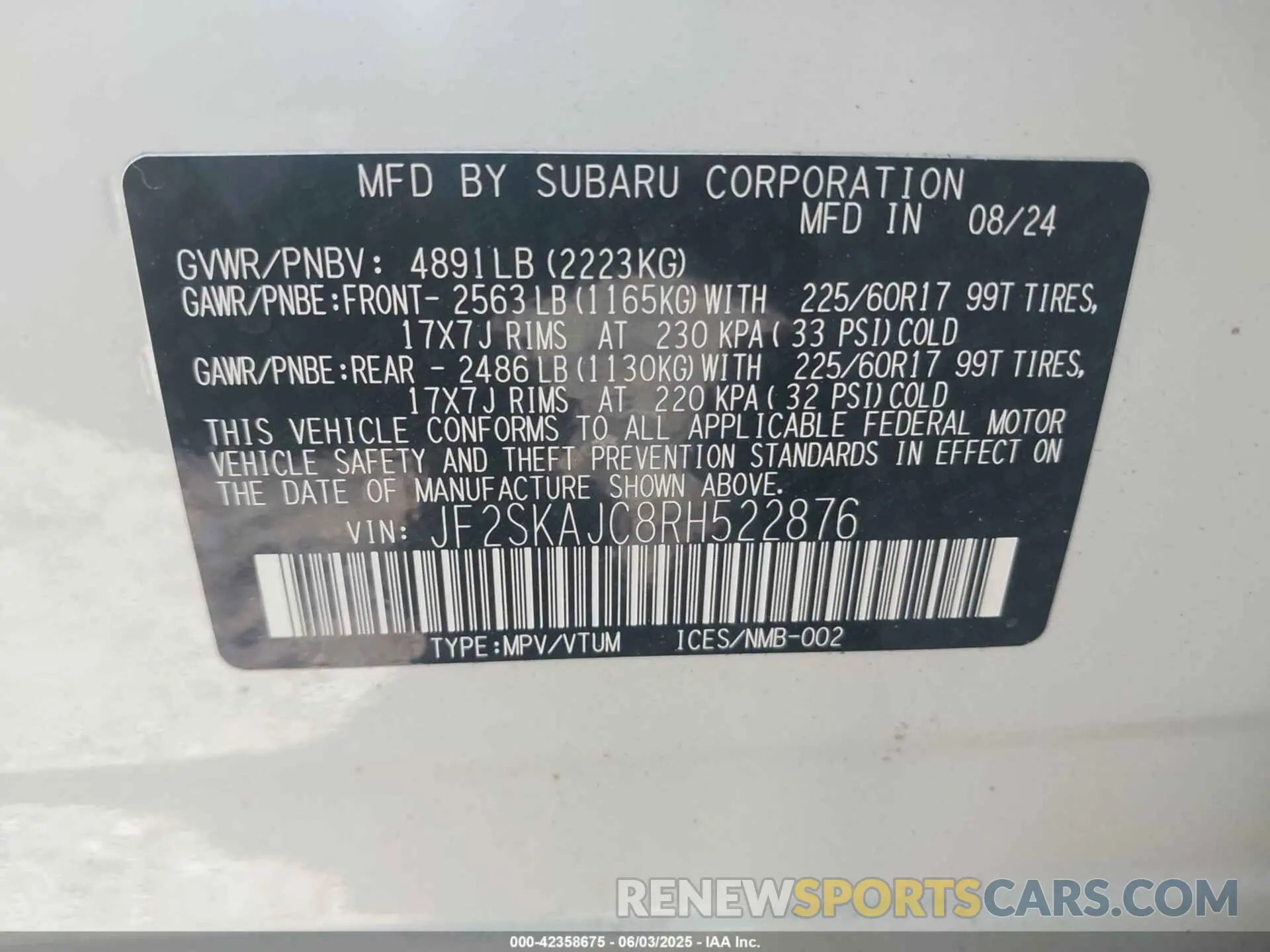 9 Photograph of a damaged car JF2SKAJC8RH522876 SUBARU FORESTER 2024