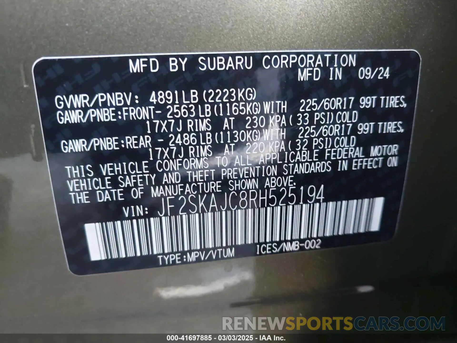 9 Photograph of a damaged car JF2SKAJC8RH525194 SUBARU FORESTER 2024