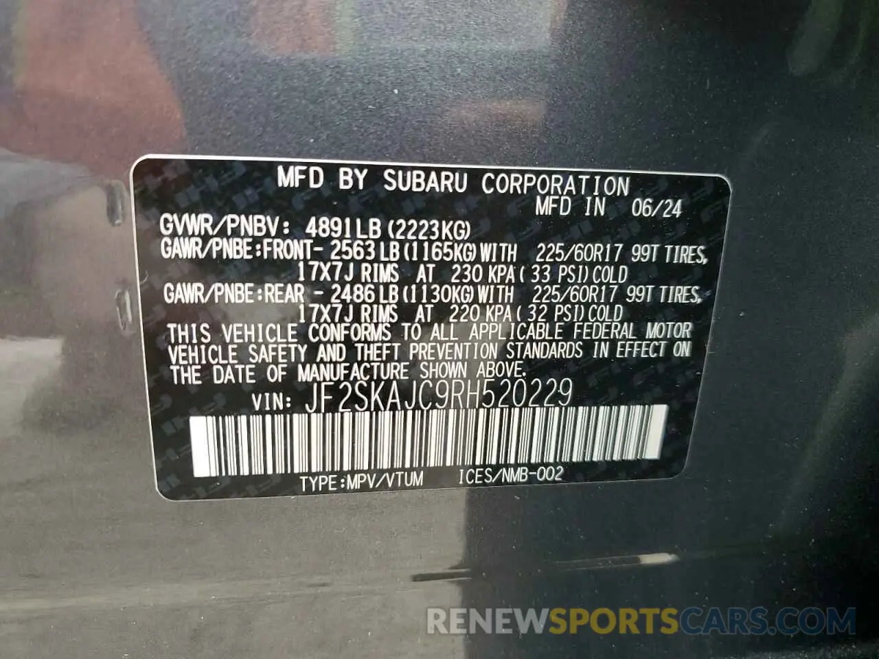 14 Photograph of a damaged car JF2SKAJC9RH520229 SUBARU FORESTER 2024