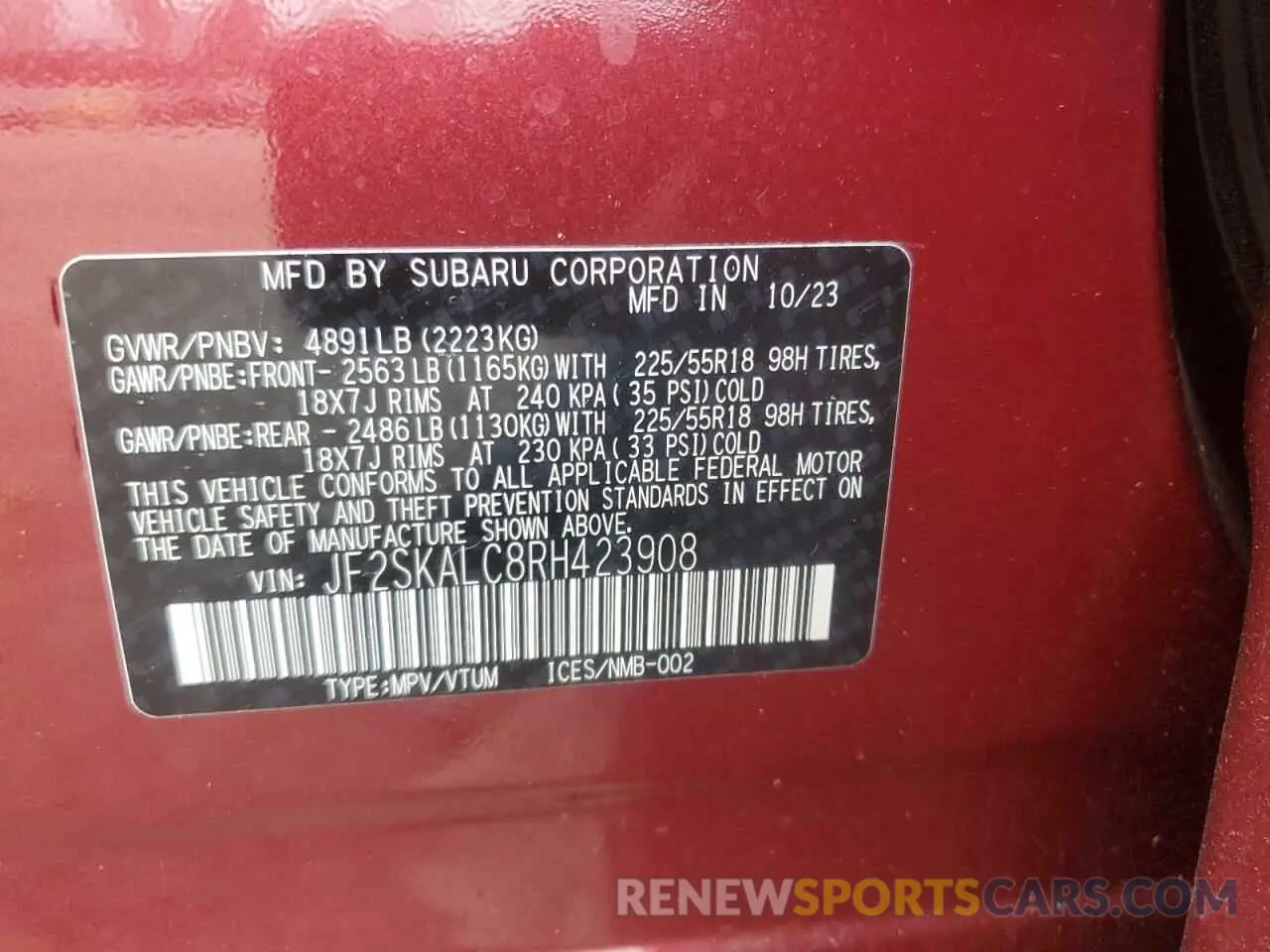 13 Photograph of a damaged car JF2SKALC8RH423908 SUBARU FORESTER 2024