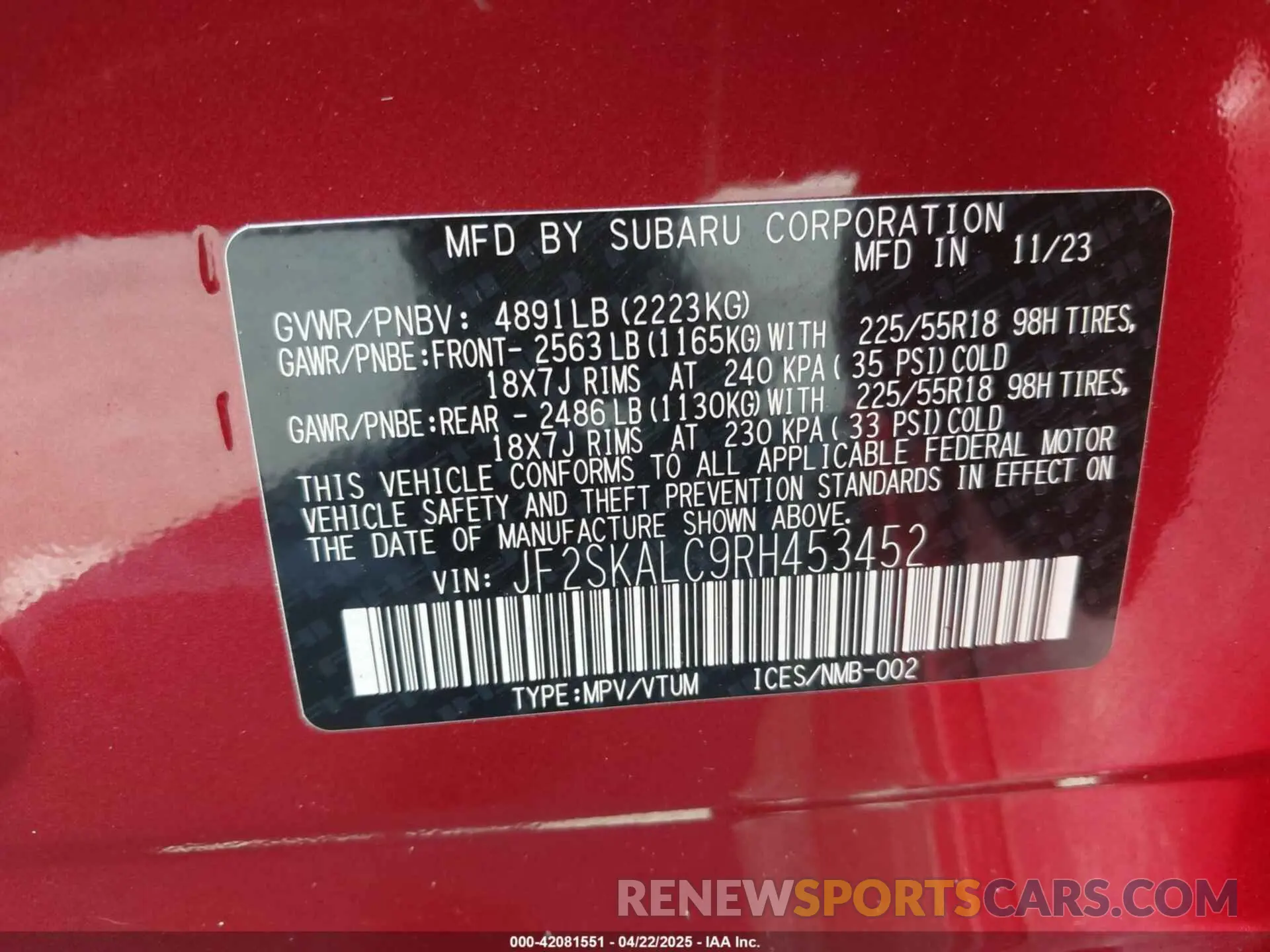 9 Photograph of a damaged car JF2SKALC9RH453452 SUBARU FORESTER 2024