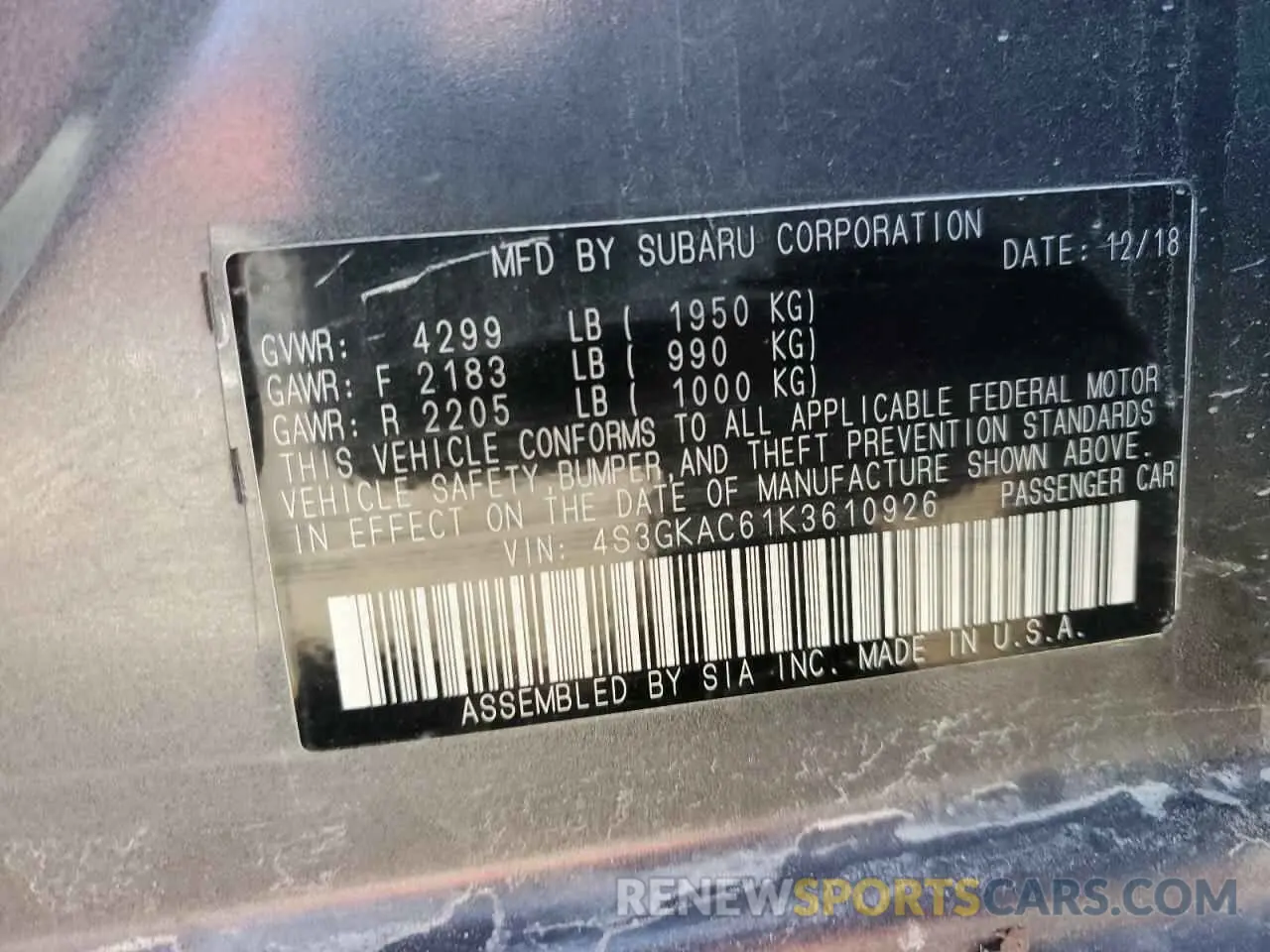 13 Photograph of a damaged car 4S3GKAC61K3610926 SUBARU IMPREZ 2019