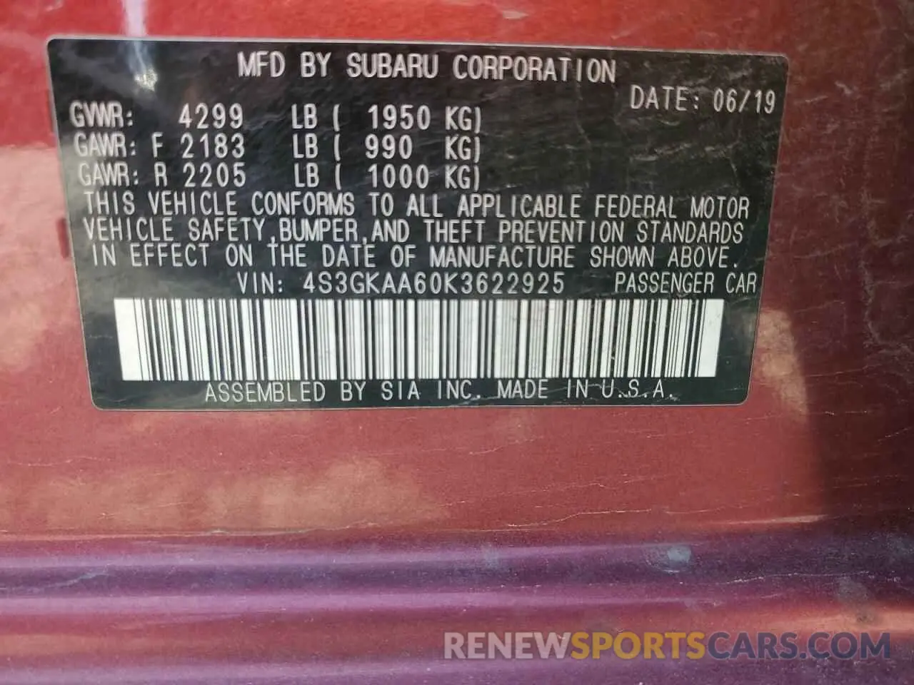 12 Photograph of a damaged car 4S3GKAA60K3622925 SUBARU IMPREZA 2019