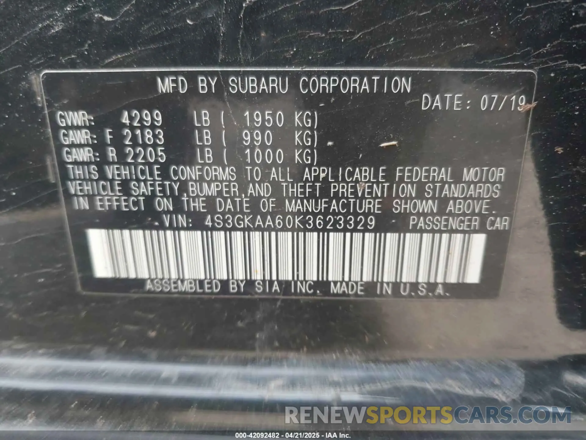 9 Photograph of a damaged car 4S3GKAA60K3623329 SUBARU IMPREZA 2019