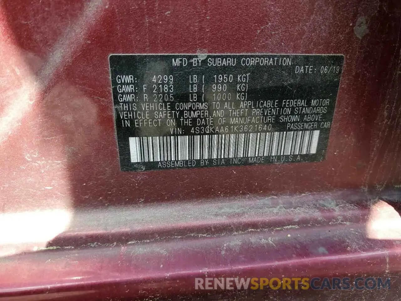 12 Photograph of a damaged car 4S3GKAA61K3621640 SUBARU IMPREZA 2019