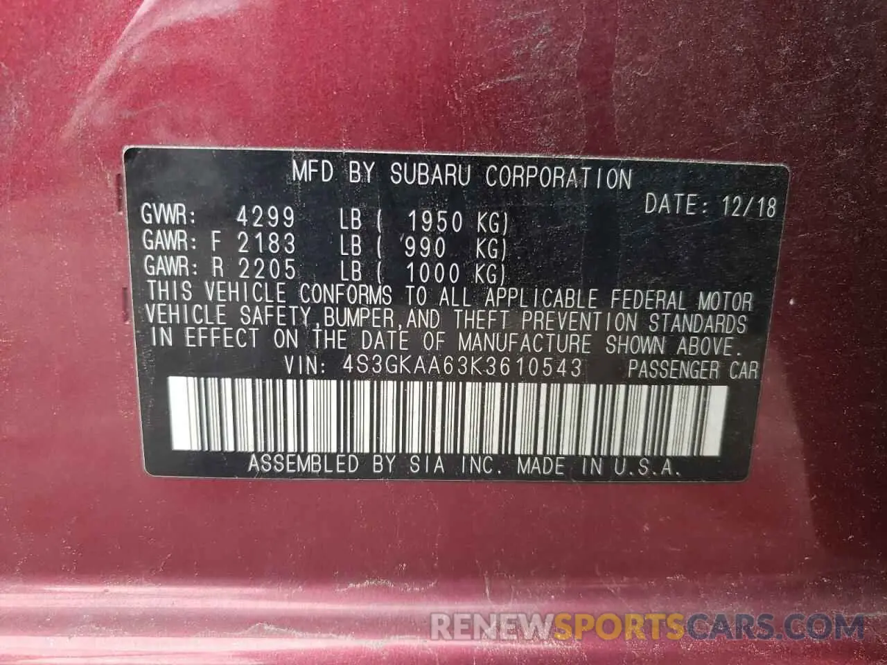 12 Photograph of a damaged car 4S3GKAA63K3610543 SUBARU IMPREZA 2019
