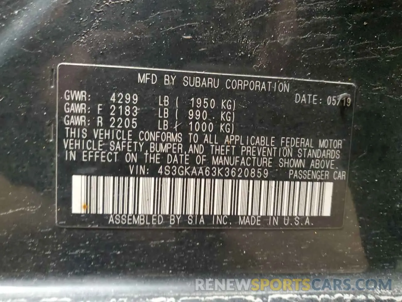 12 Photograph of a damaged car 4S3GKAA63K3620859 SUBARU IMPREZA 2019