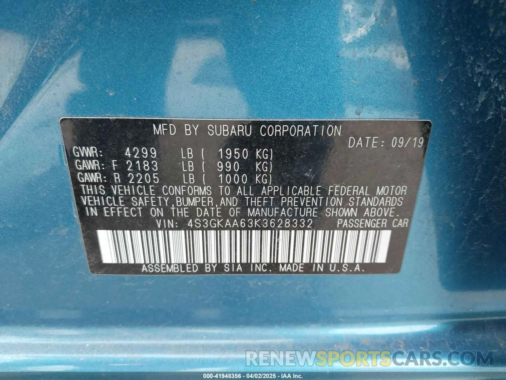9 Photograph of a damaged car 4S3GKAA63K3628332 SUBARU IMPREZA 2019