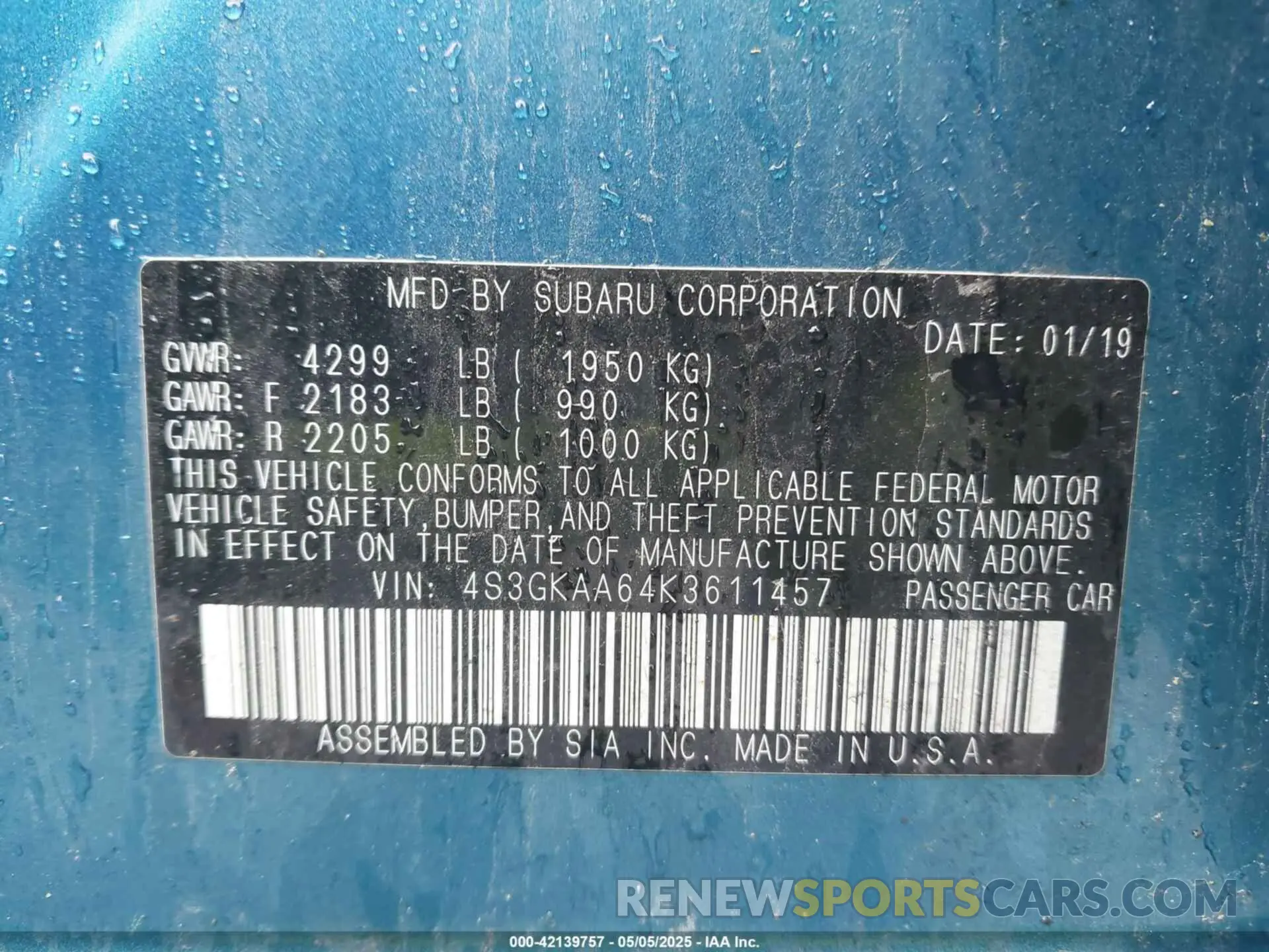 9 Photograph of a damaged car 4S3GKAA64K3611457 SUBARU IMPREZA 2019