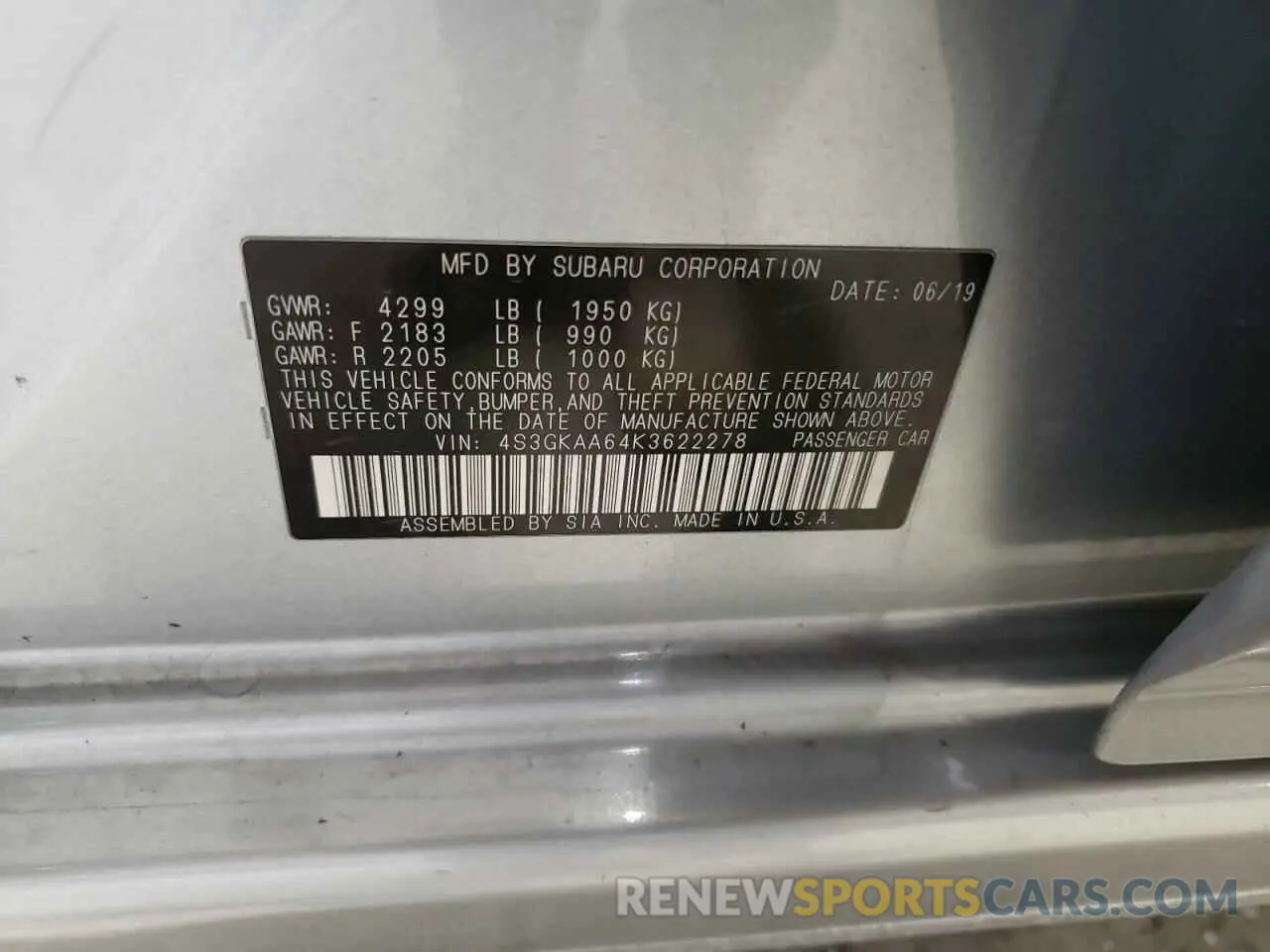12 Photograph of a damaged car 4S3GKAA64K3622278 SUBARU IMPREZA 2019