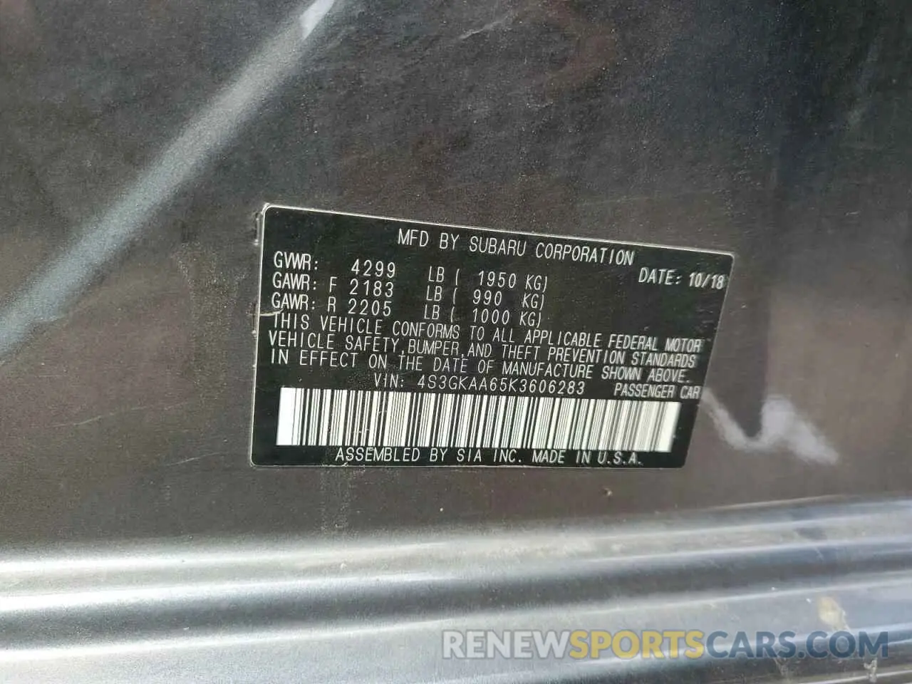 12 Photograph of a damaged car 4S3GKAA65K3606283 SUBARU IMPREZA 2019