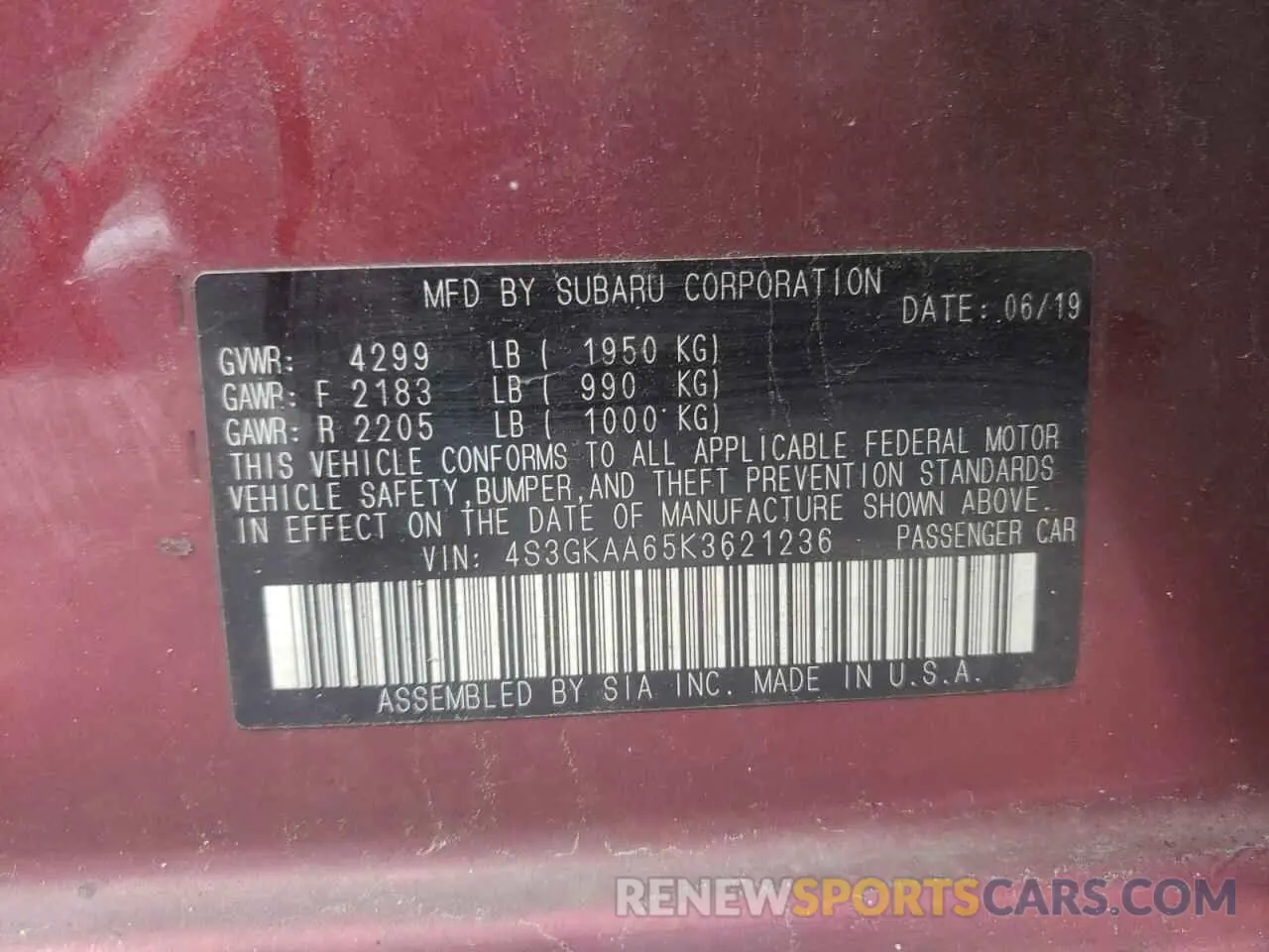 12 Photograph of a damaged car 4S3GKAA65K3621236 SUBARU IMPREZA 2019