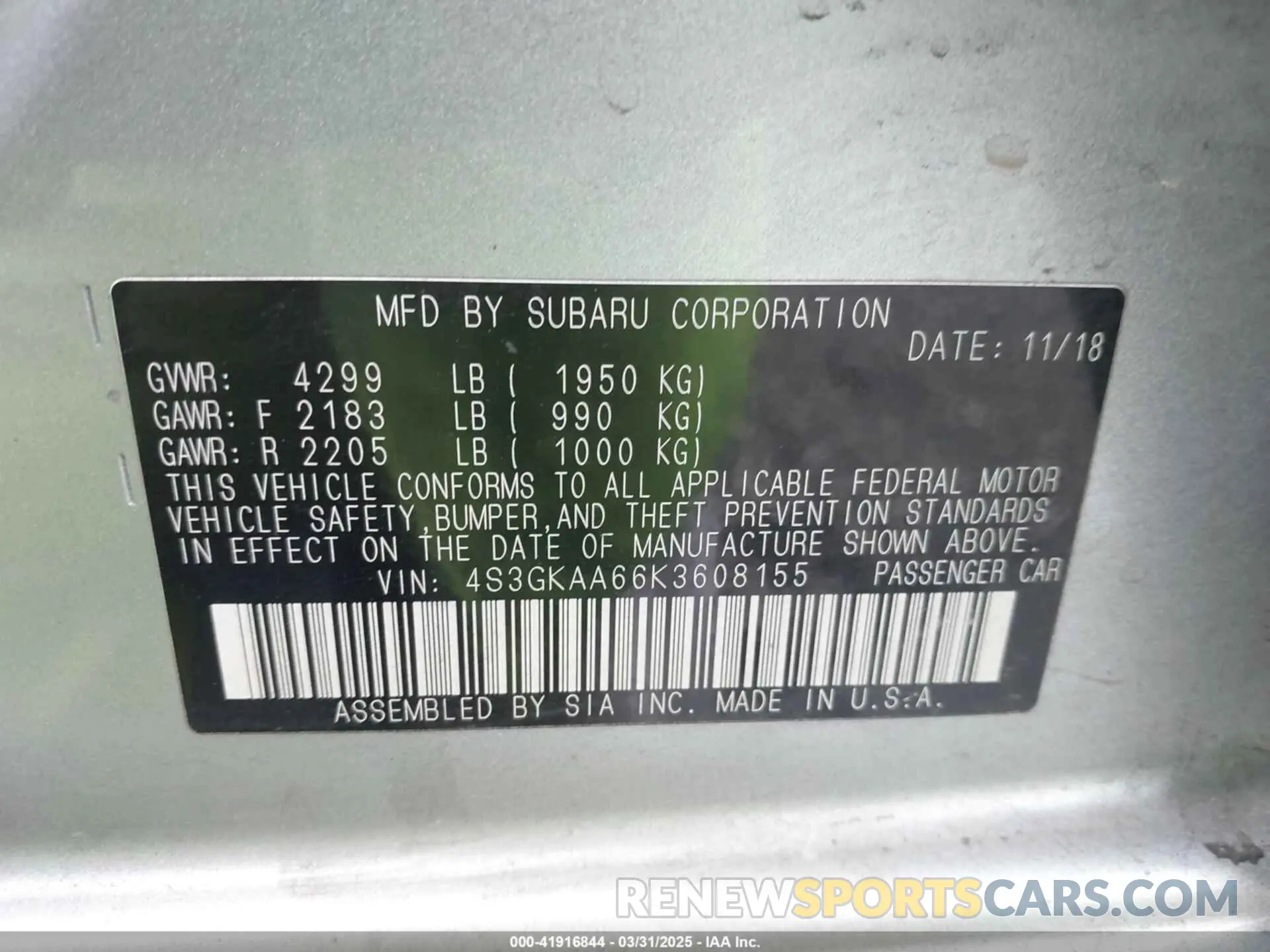 9 Photograph of a damaged car 4S3GKAA66K3608155 SUBARU IMPREZA 2019
