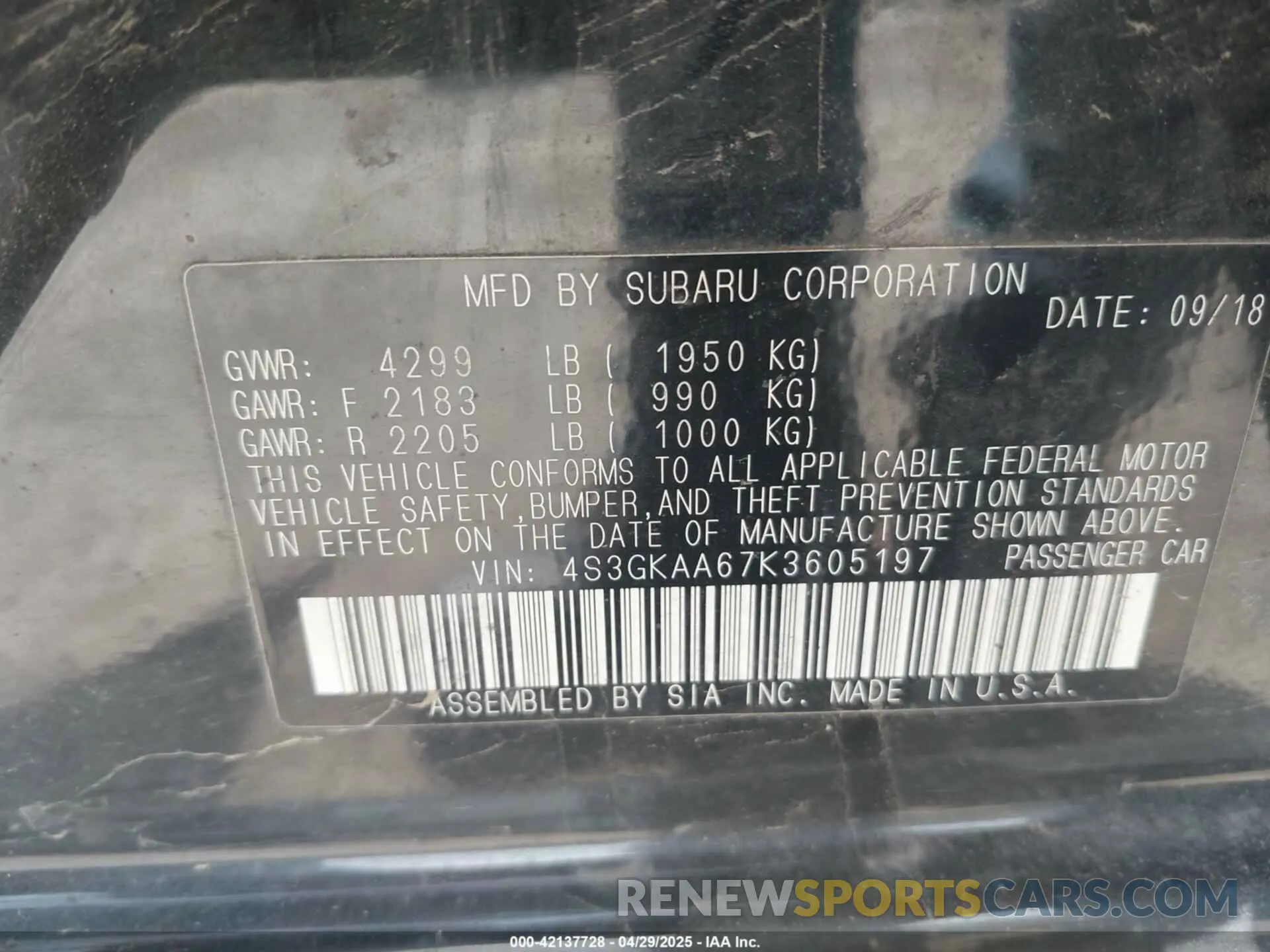 9 Photograph of a damaged car 4S3GKAA67K3605197 SUBARU IMPREZA 2019