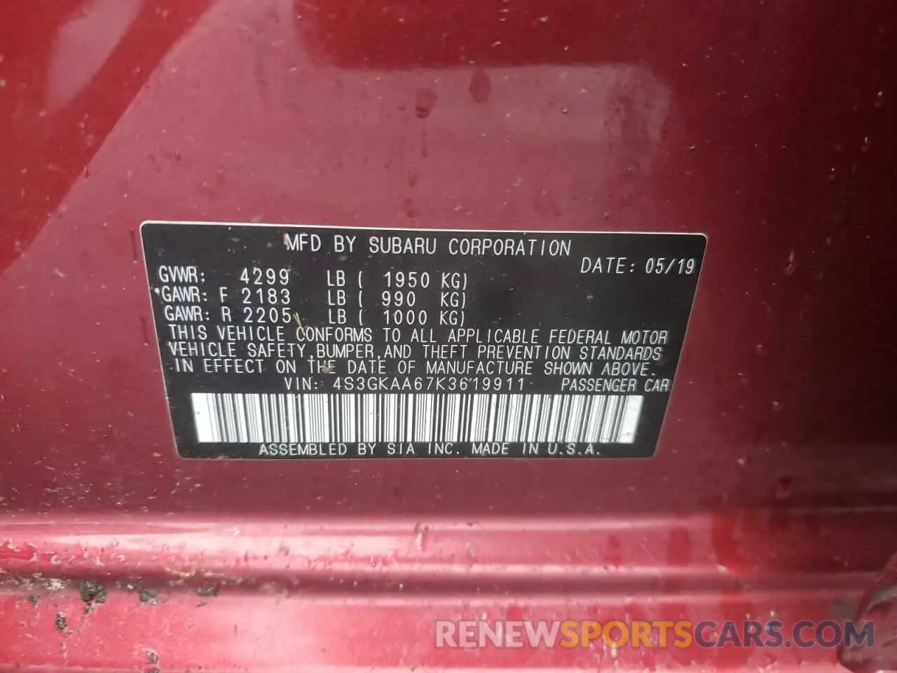 15 Photograph of a damaged car 4S3GKAA67K3619911 SUBARU IMPREZA 2019