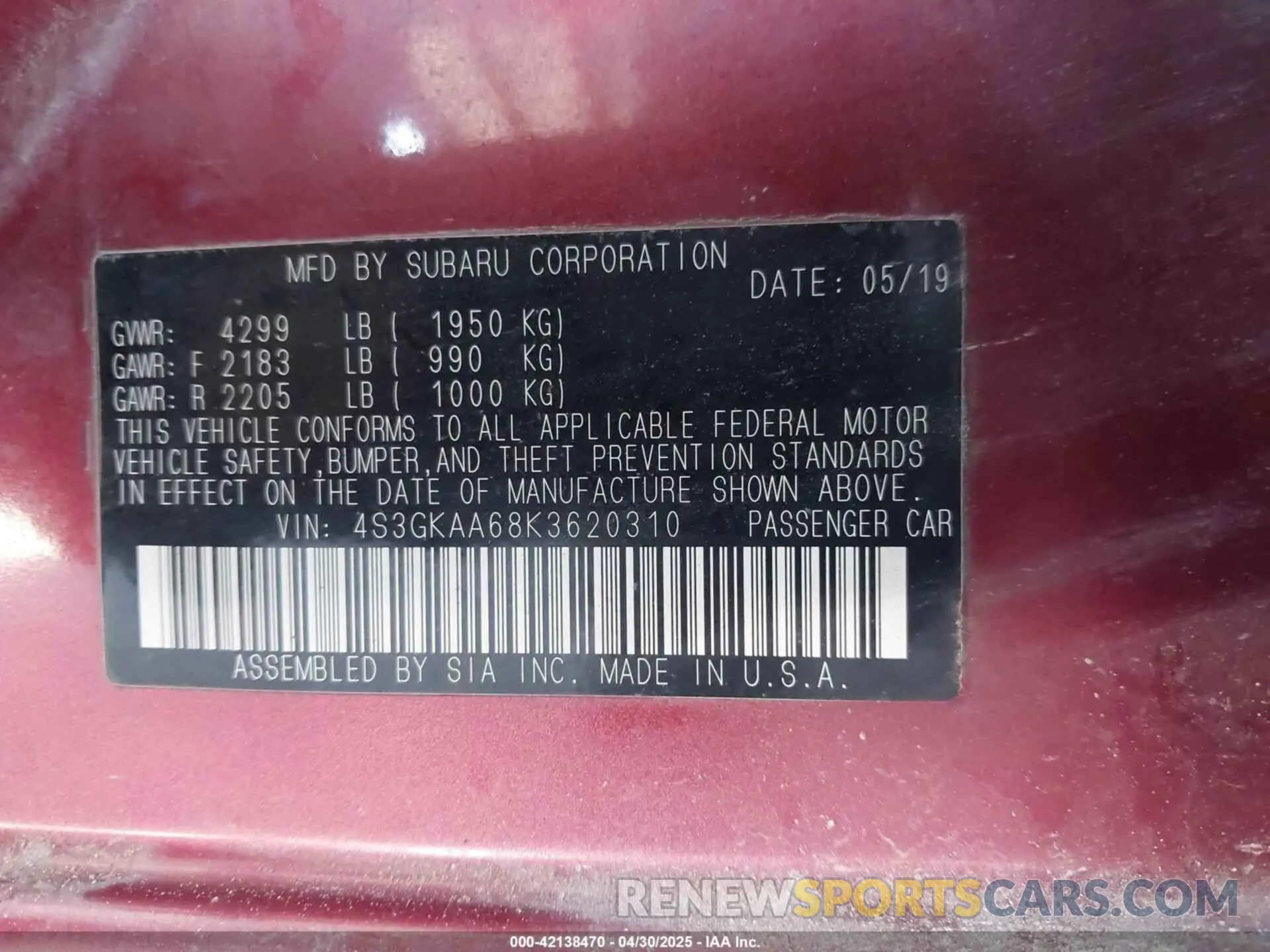 9 Photograph of a damaged car 4S3GKAA68K3620310 SUBARU IMPREZA 2019