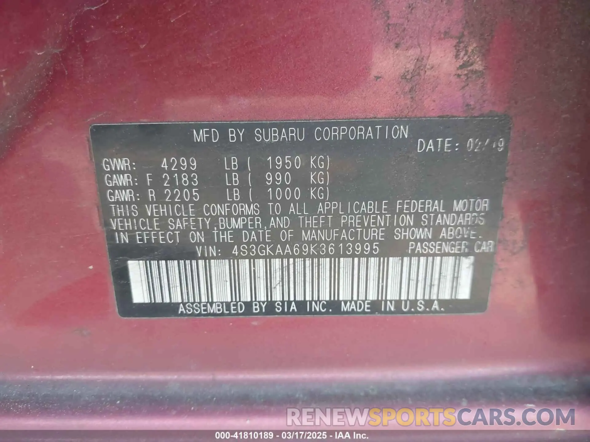 9 Photograph of a damaged car 4S3GKAA69K3613995 SUBARU IMPREZA 2019