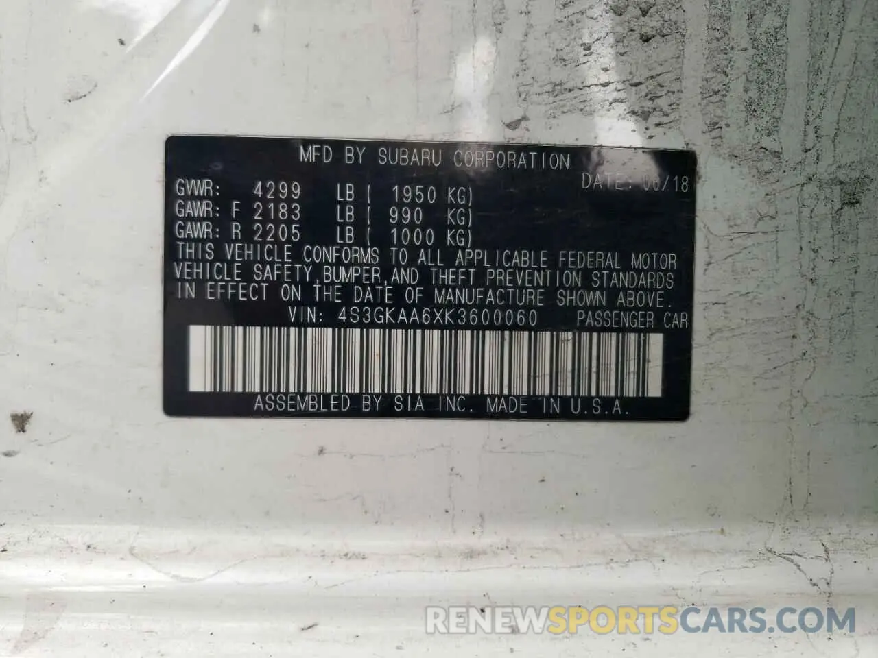 12 Photograph of a damaged car 4S3GKAA6XK3600060 SUBARU IMPREZA 2019