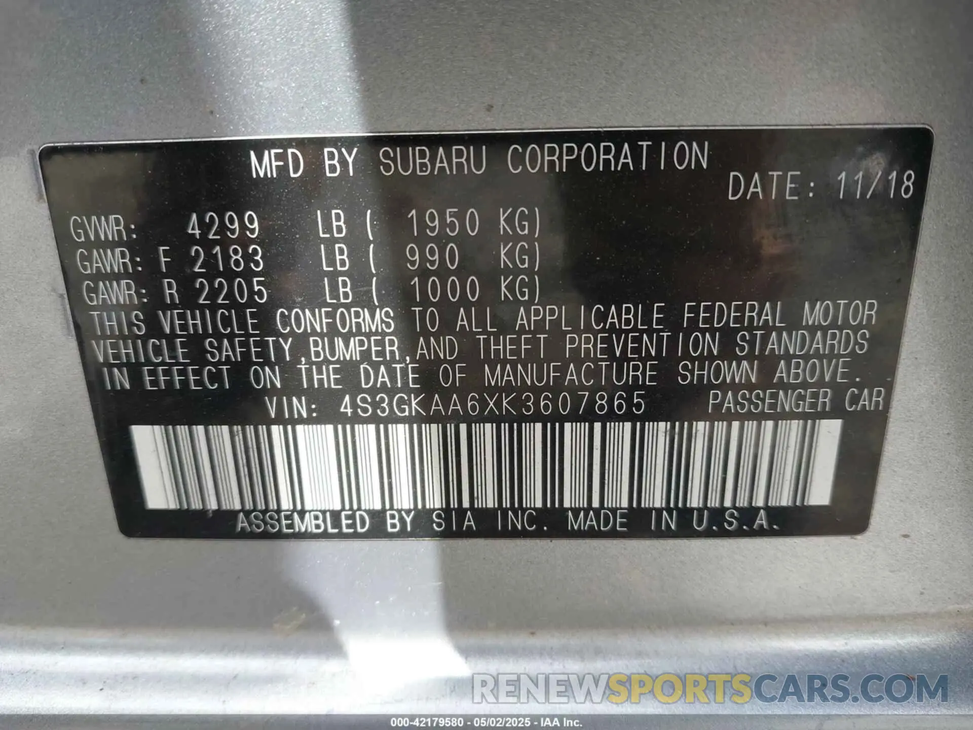 9 Photograph of a damaged car 4S3GKAA6XK3607865 SUBARU IMPREZA 2019