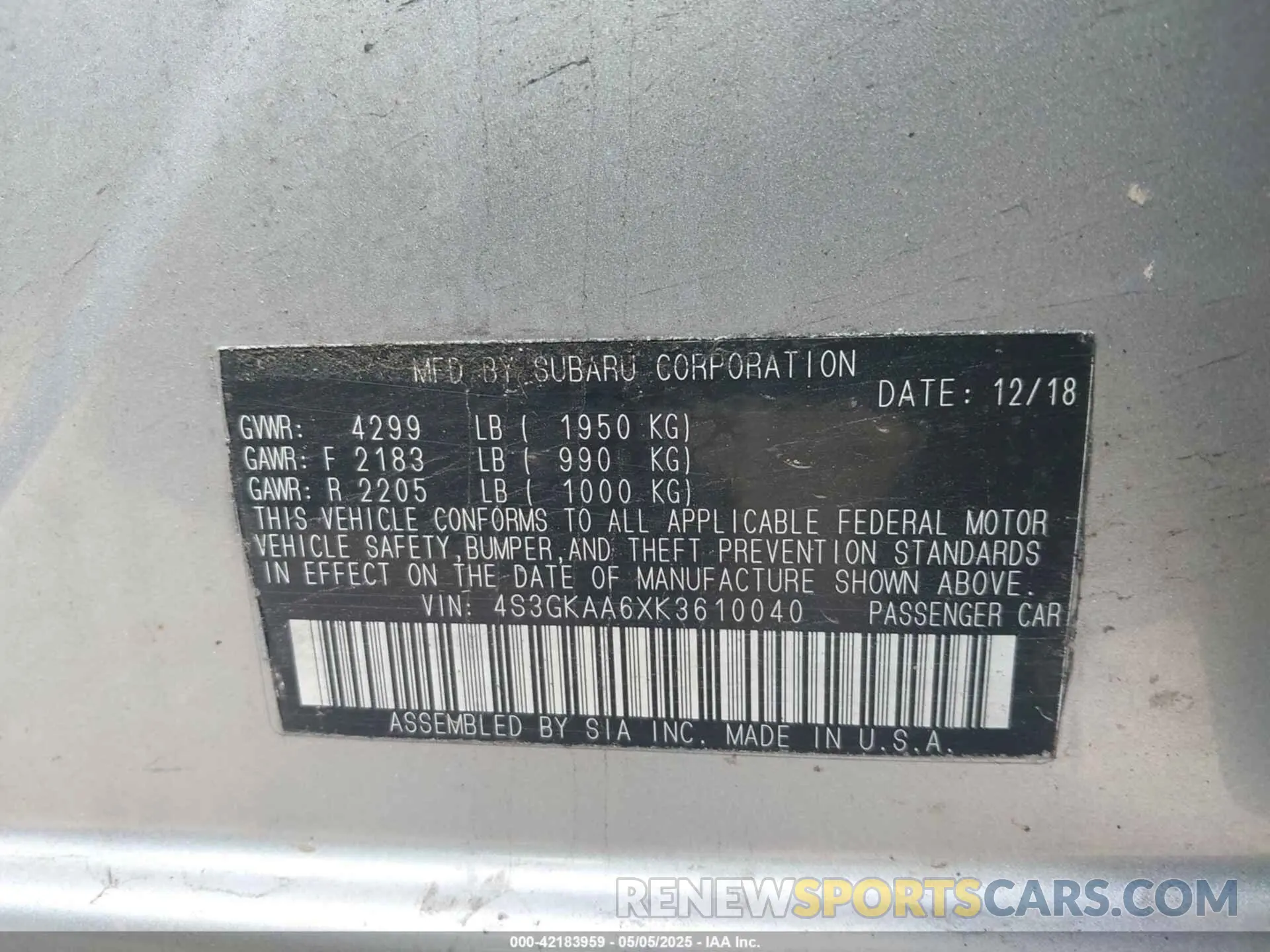 9 Photograph of a damaged car 4S3GKAA6XK3610040 SUBARU IMPREZA 2019