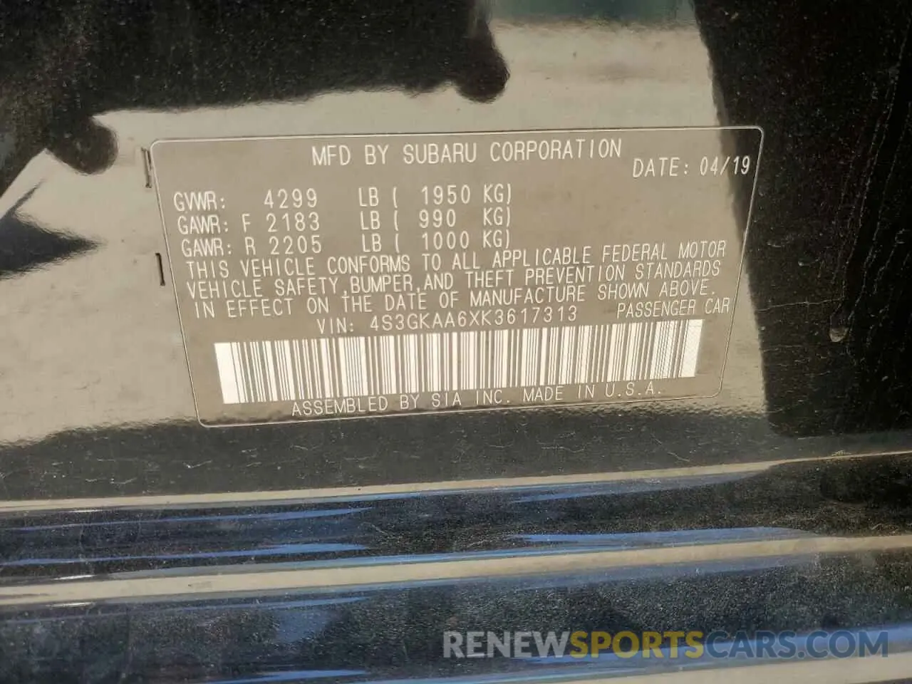 13 Photograph of a damaged car 4S3GKAA6XK3617313 SUBARU IMPREZA 2019