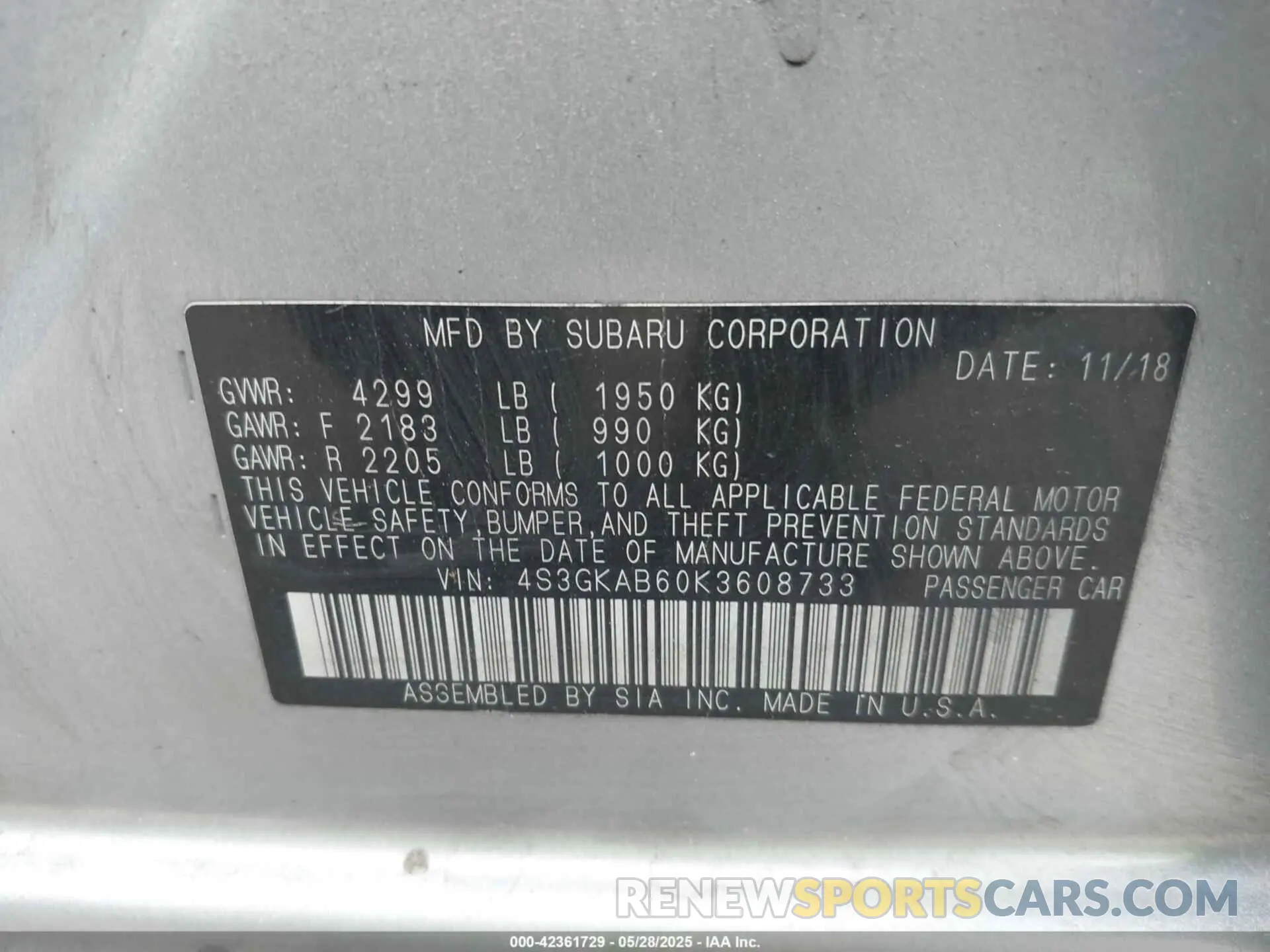 9 Photograph of a damaged car 4S3GKAB60K3608733 SUBARU IMPREZA 2019