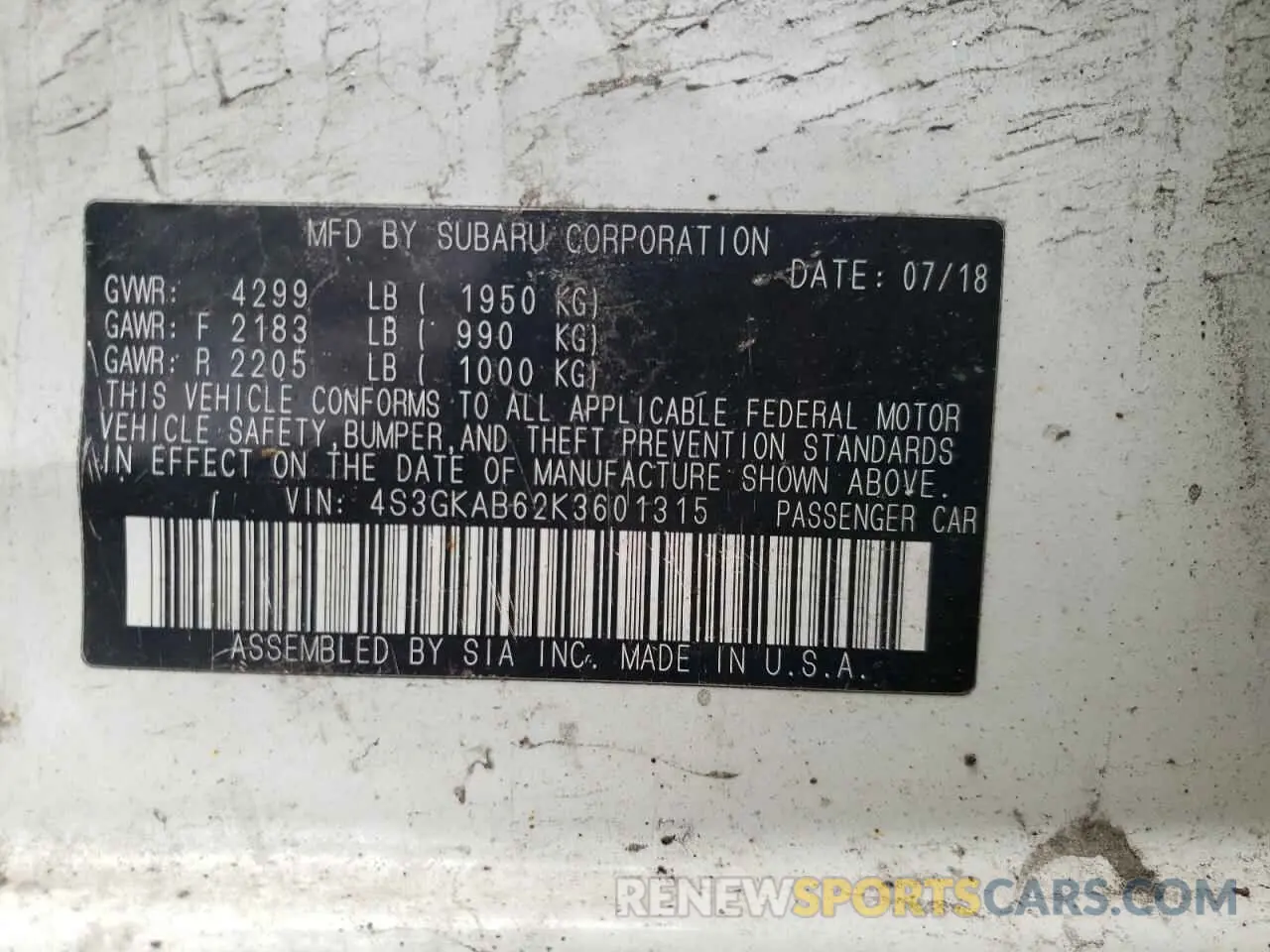 14 Photograph of a damaged car 4S3GKAB62K3601315 SUBARU IMPREZA 2019