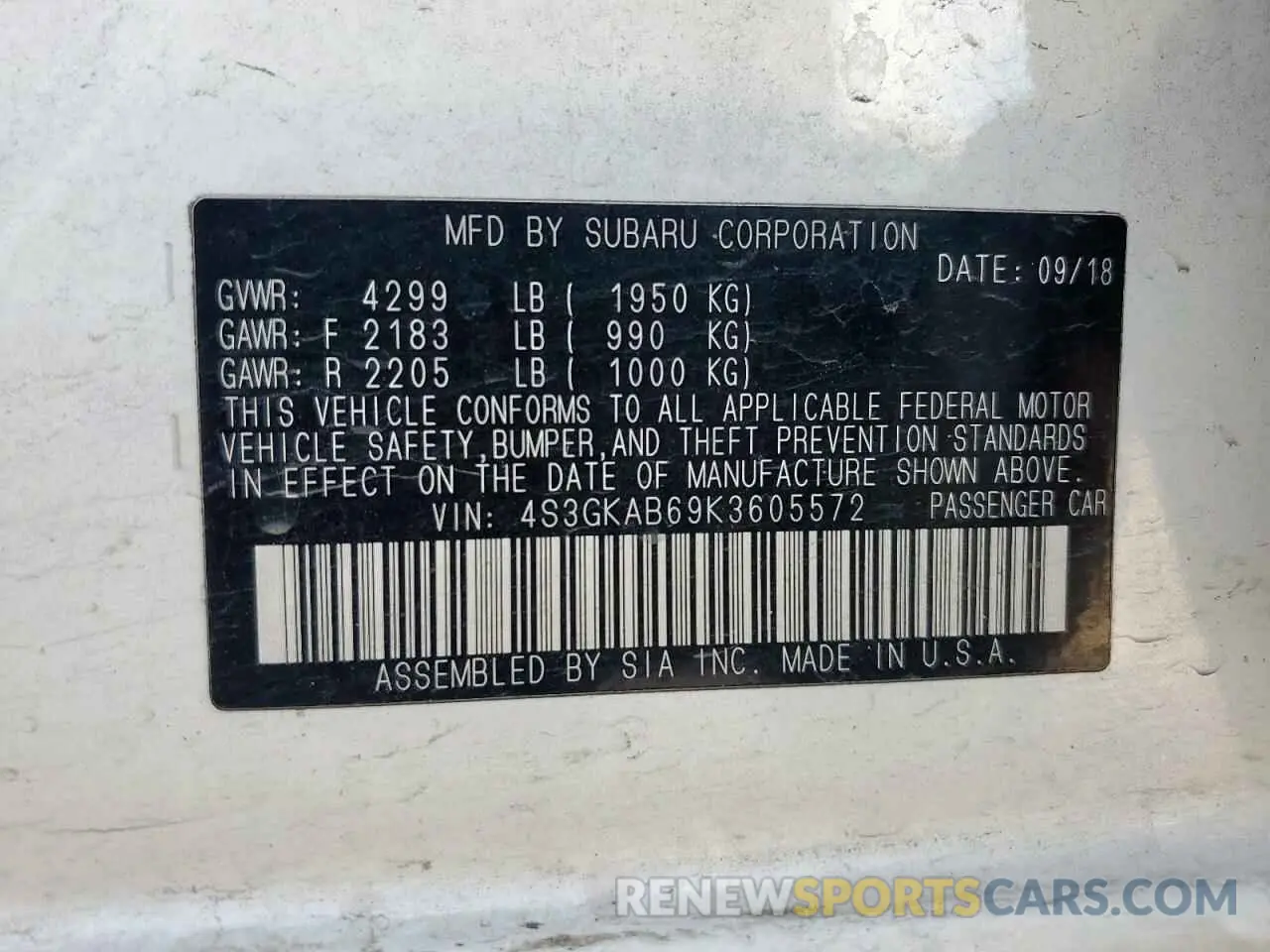 12 Photograph of a damaged car 4S3GKAB69K3605572 SUBARU IMPREZA 2019