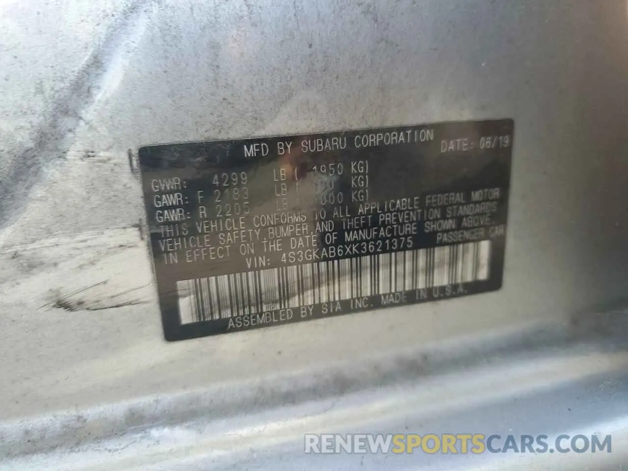 12 Photograph of a damaged car 4S3GKAB6XK3621375 SUBARU IMPREZA 2019