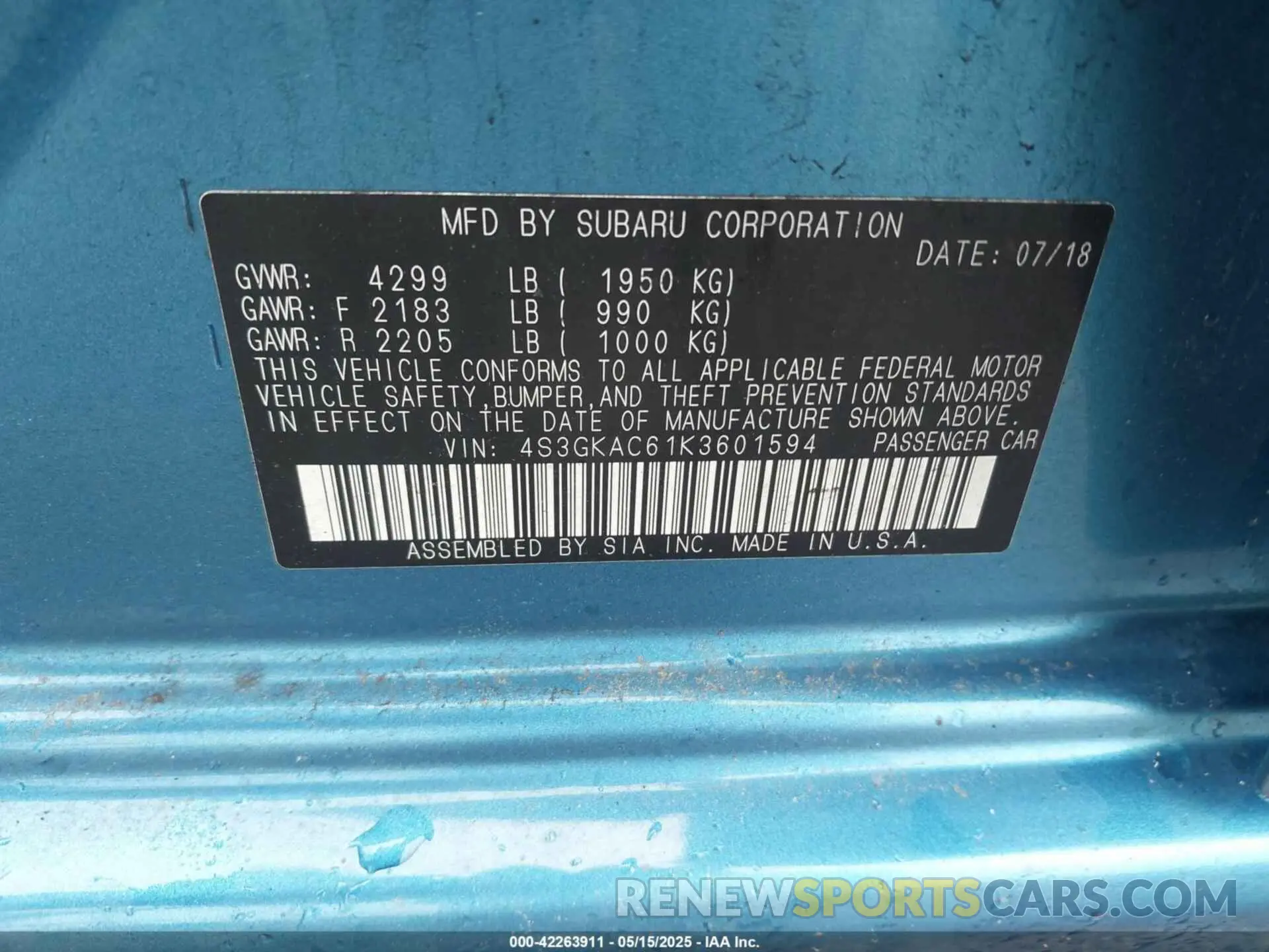 9 Photograph of a damaged car 4S3GKAC61K3601594 SUBARU IMPREZA 2019