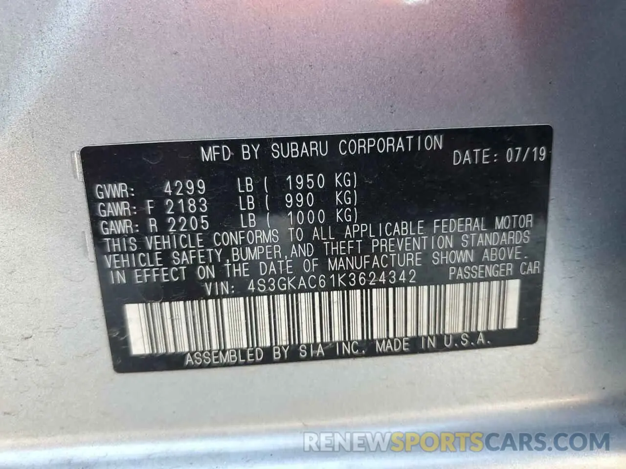12 Photograph of a damaged car 4S3GKAC61K3624342 SUBARU IMPREZA 2019