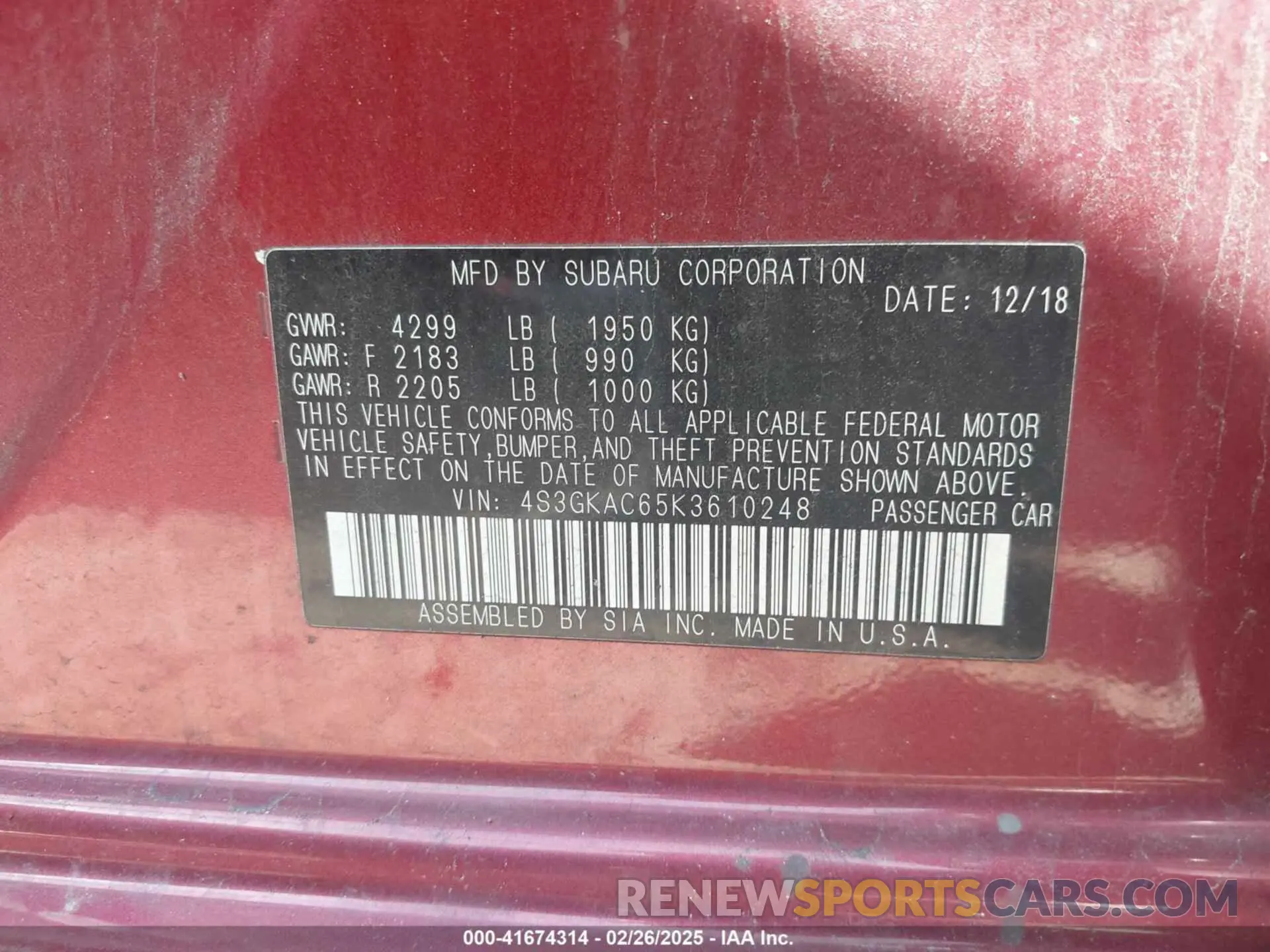 9 Photograph of a damaged car 4S3GKAC65K3610248 SUBARU IMPREZA 2019